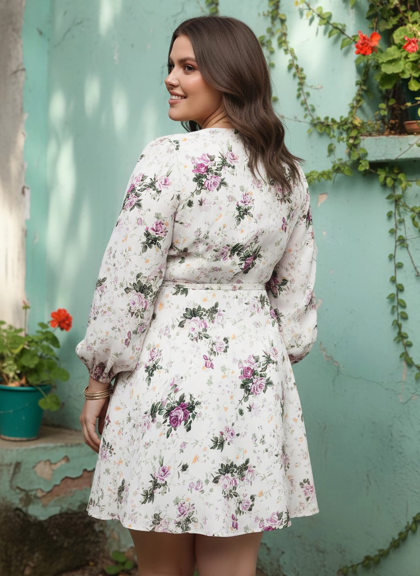 Berrylush Women Plus Size White & Lavender Floral Printed V-Neck Waist Tie-Up Flared Wrap Mini Dress