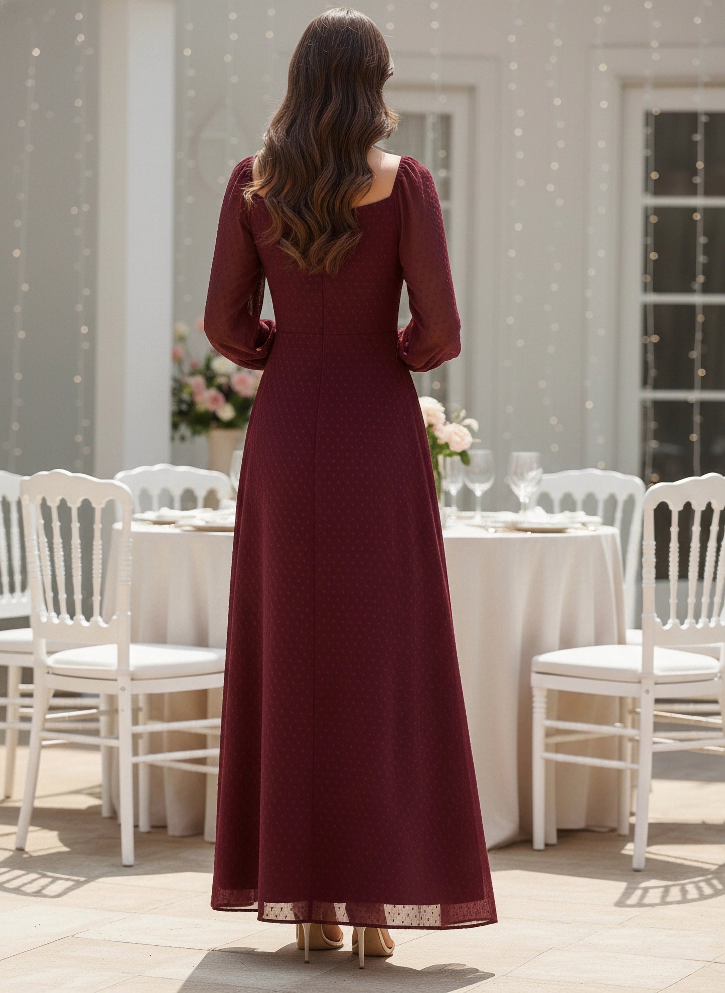 Berrylush Women Maroon Square Neck Dotted Maxi Dress
