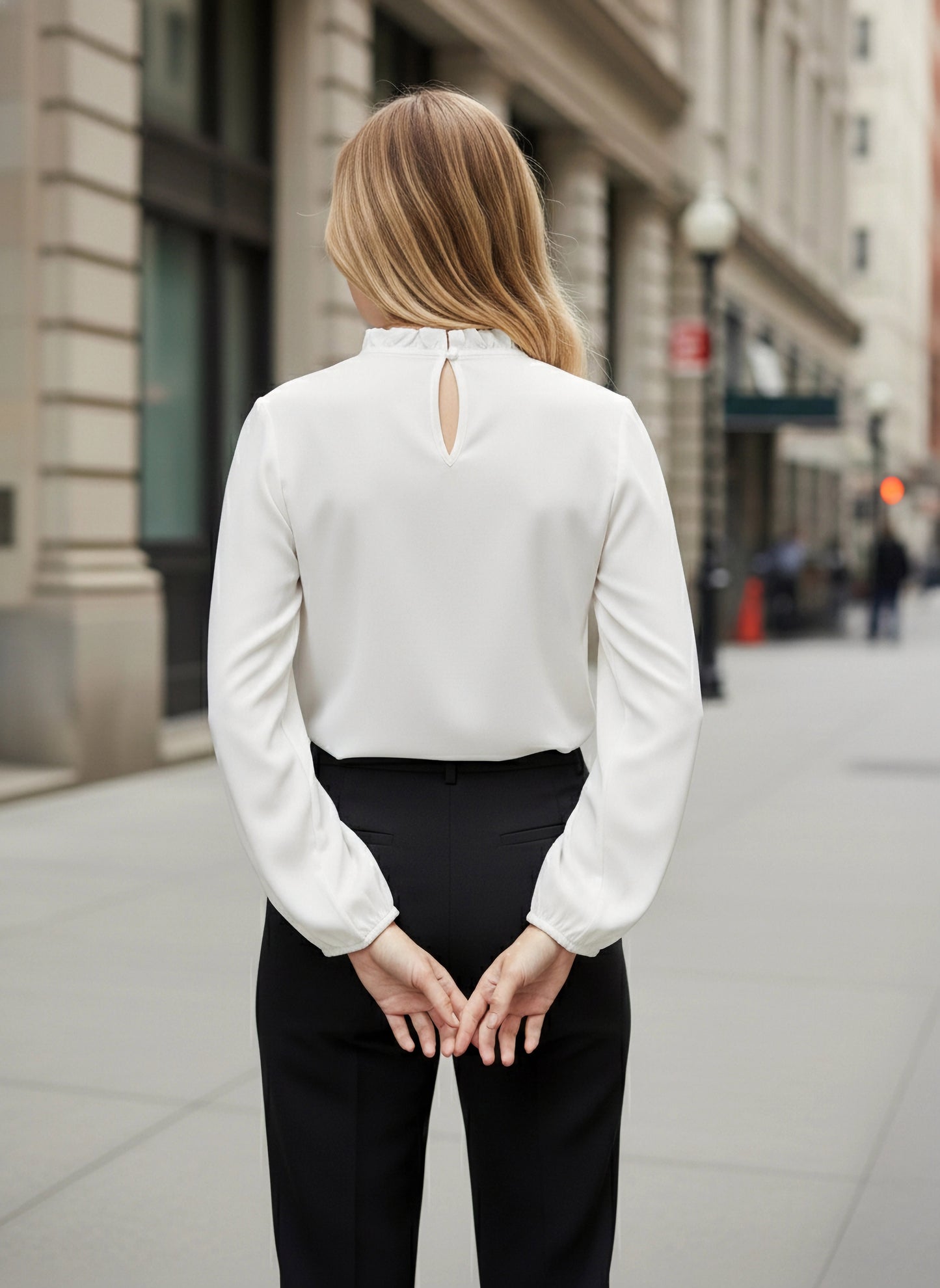 Solid White & Black Mock Neck Lace-Up Keyhole Back Ruffled Regular Top