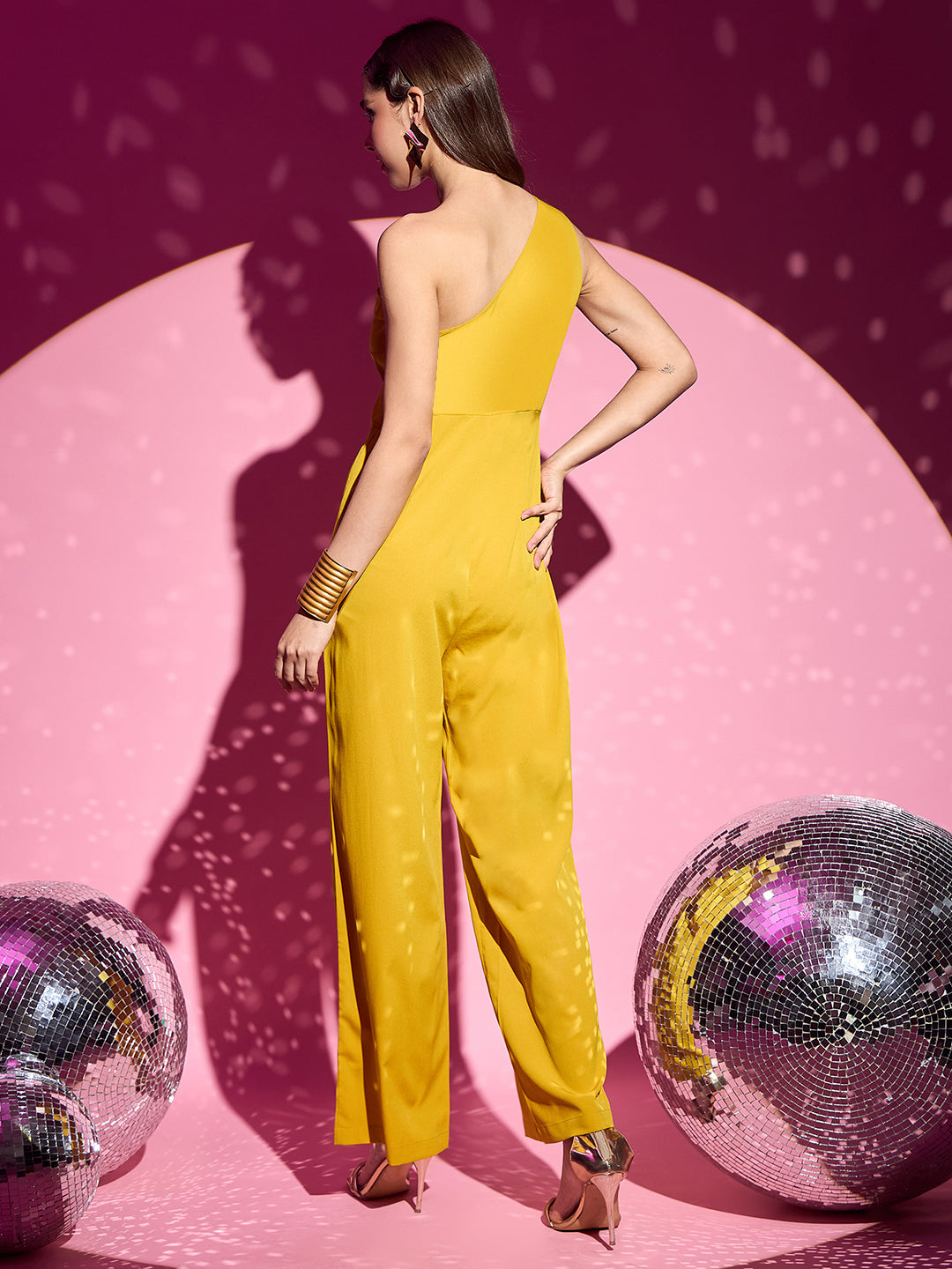 Berrylush Women Solid Yellow One-Shoulder Neck Sleeveless Wide-Leg Straight Hem Maxi Jumpsuit