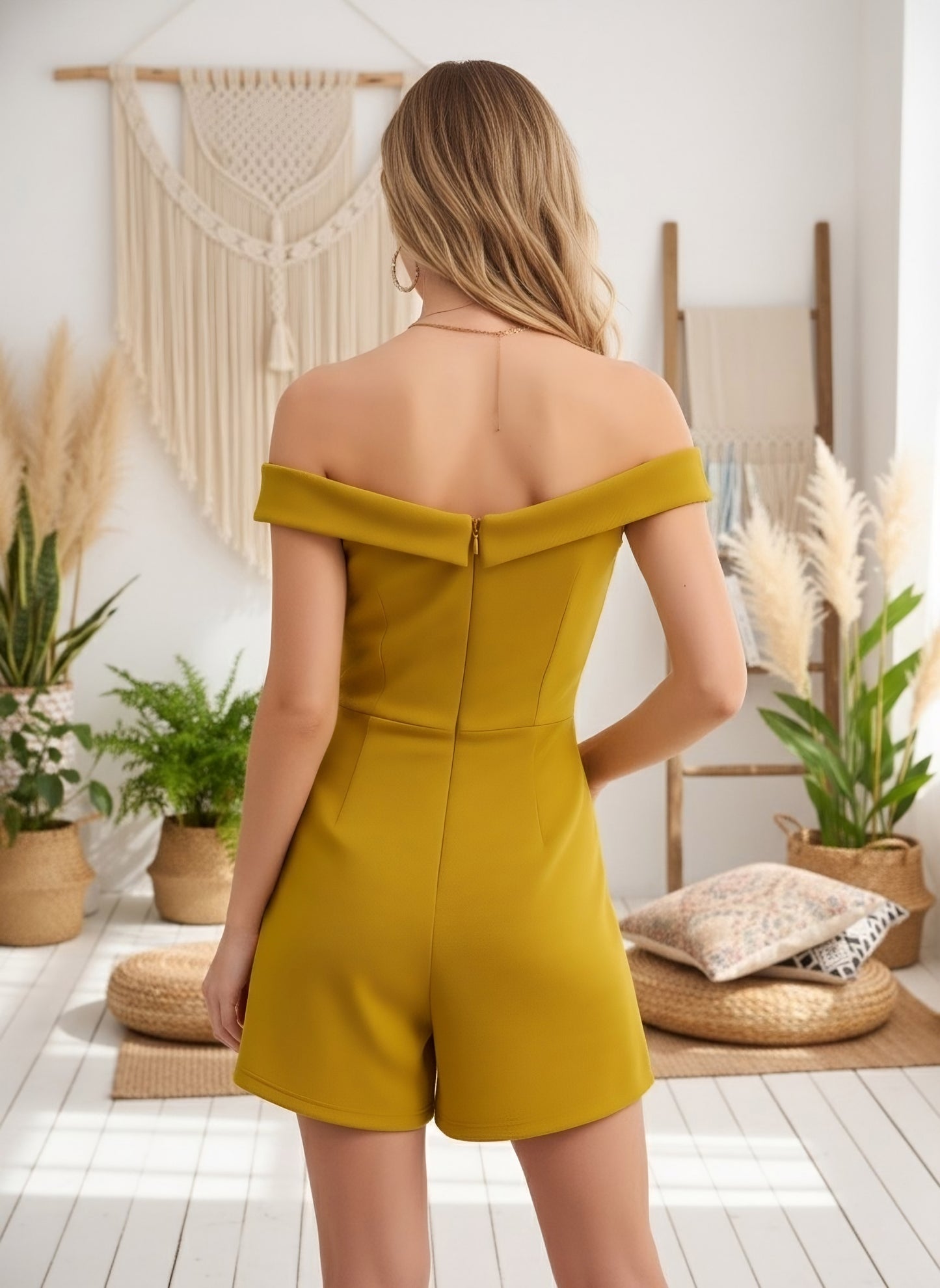 Berrylush Women Solid Yellow Off-Shoulder Neck Sleeveless Layered Front Knitted Mini Jumpsuit