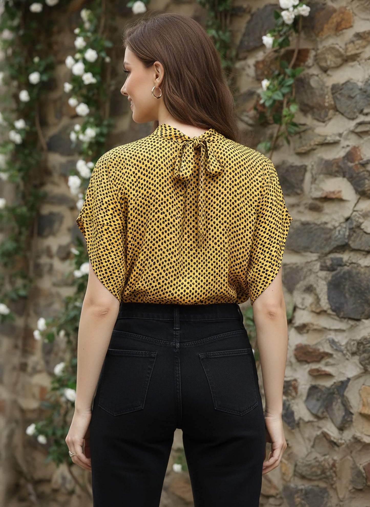 Berrylush Women Yellow & Black Animal Printed High Neck Tie-Up Back Extended Sleeve Regular Top