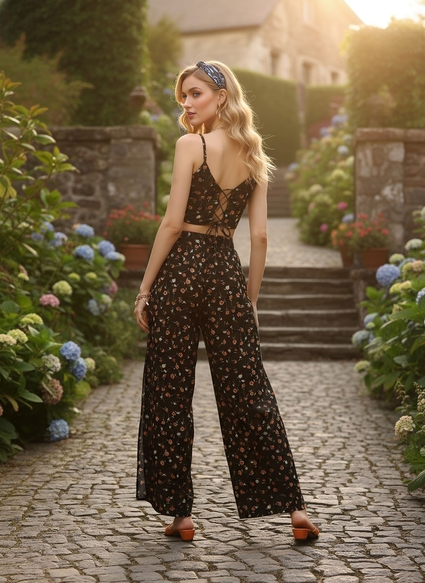 Berrylush Women Black & Orange Floral Printed V-Neck Crop Top & Side-Slit Trousers Co-Ord Set