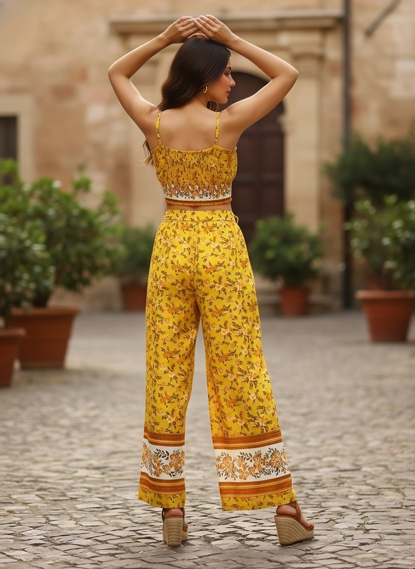 Berrylush Women Yellow & White Floral Printed Round Neck Waist Tie-Up Crop Top & Wide-Leg Trousers Set