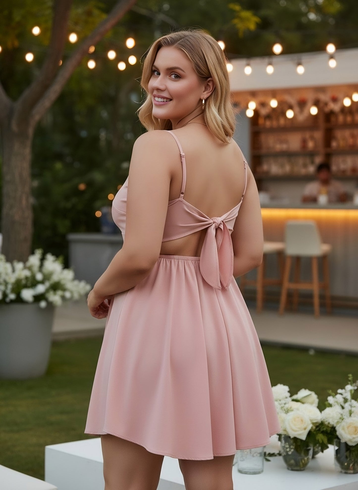 Berrylush Women Solid Light Pink V-Neck Front Cutout Twisted Knot Fit & Flare Mini Dress