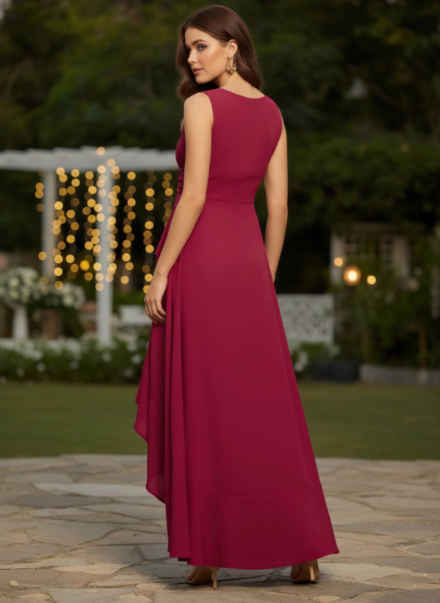 Berrylush Women Solid Red V-Neck Sleeveless High-Low Hem Ruffled A-Line Maxi Dress