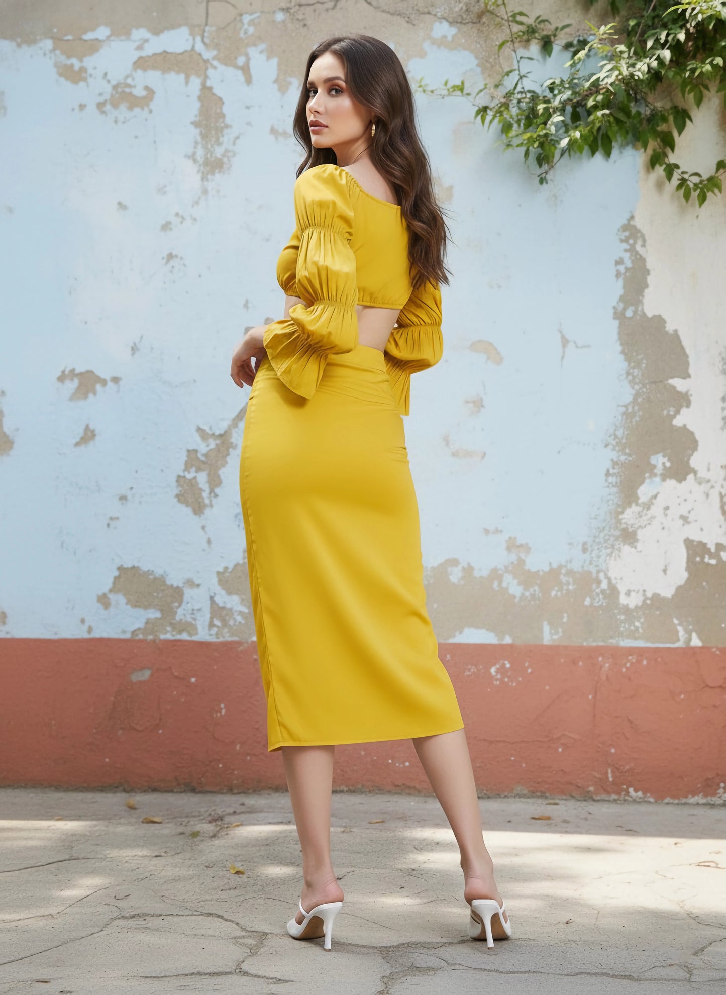 Berrylush Women Solid Yellow Knot Front Gathered Sleeve Crop Top & Split Thigh Midi Skirt Co-Ord Set