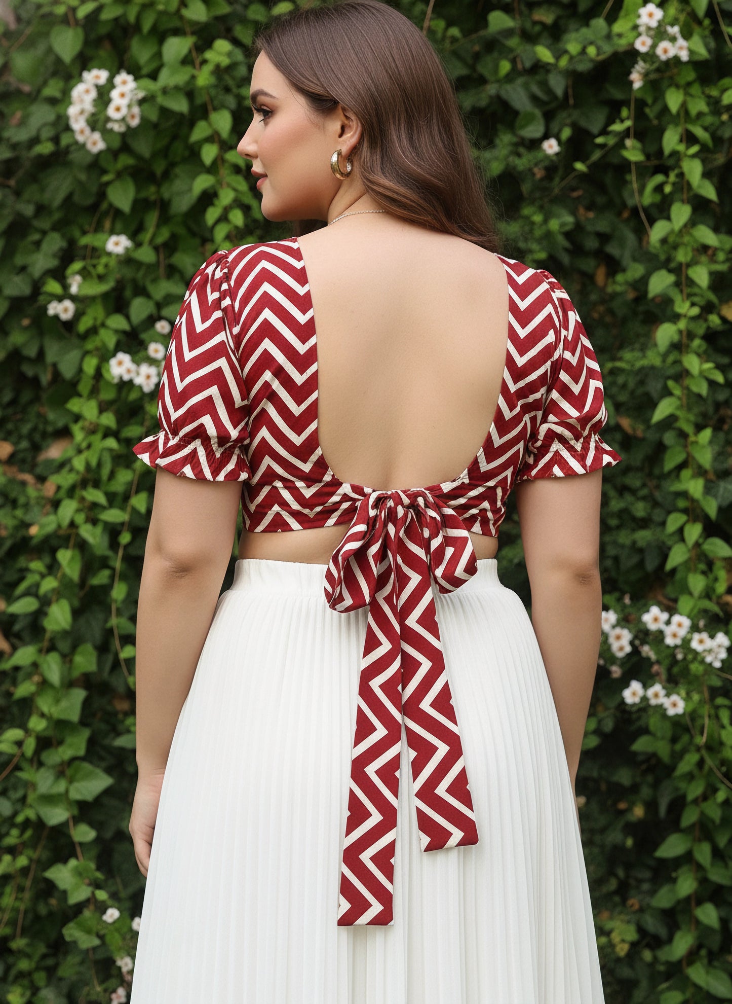 Berrylush Women Plus Size Maroon & White Chevron Pattern Square Neck Crepe Tie-Up Backless Blouson Cropped Top