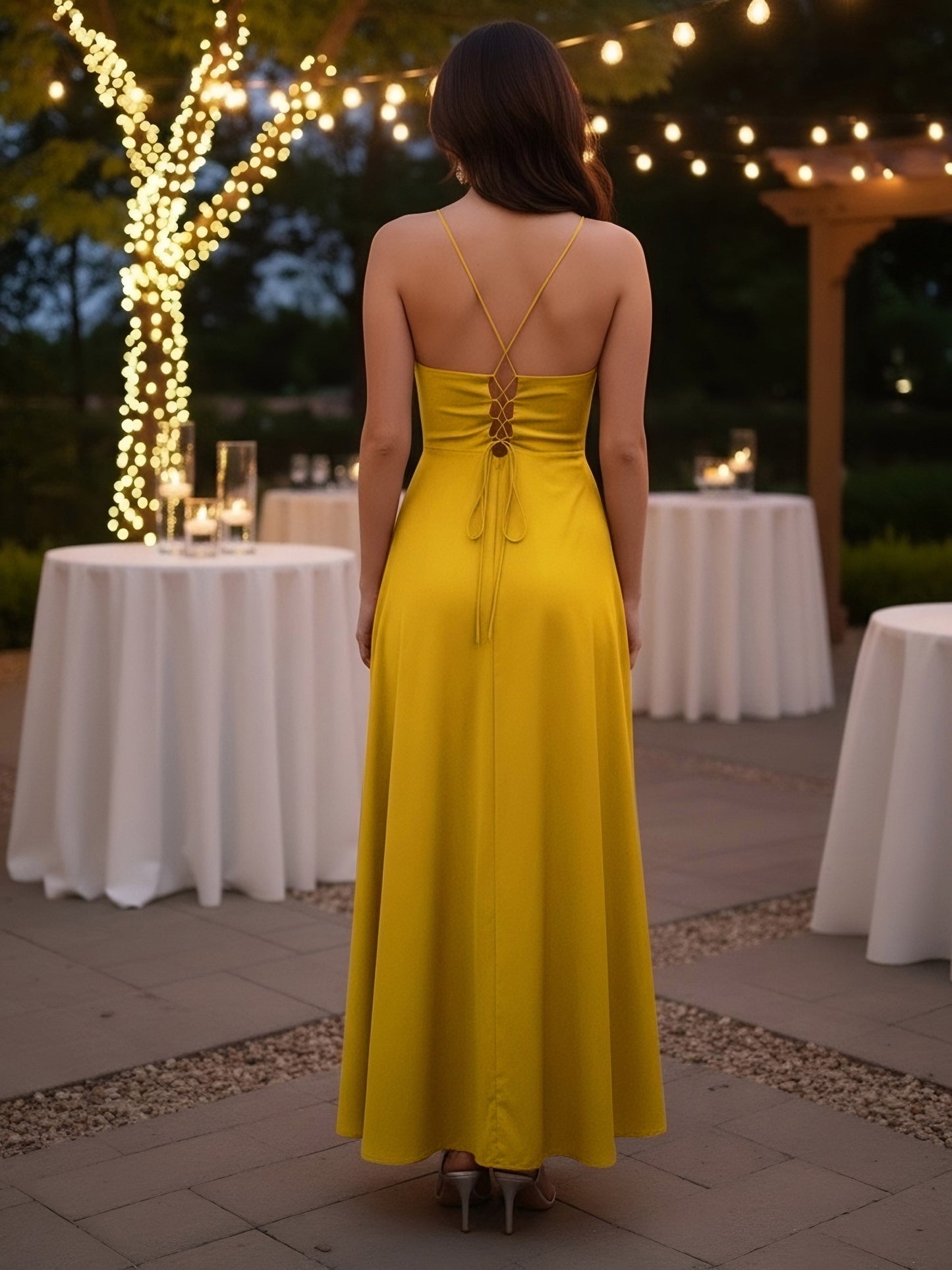 Berrylush Women Solid Yellow Cowl Neck Sleeveless Lace-Up Backless Thigh-High Slit Flared Maxi Dress