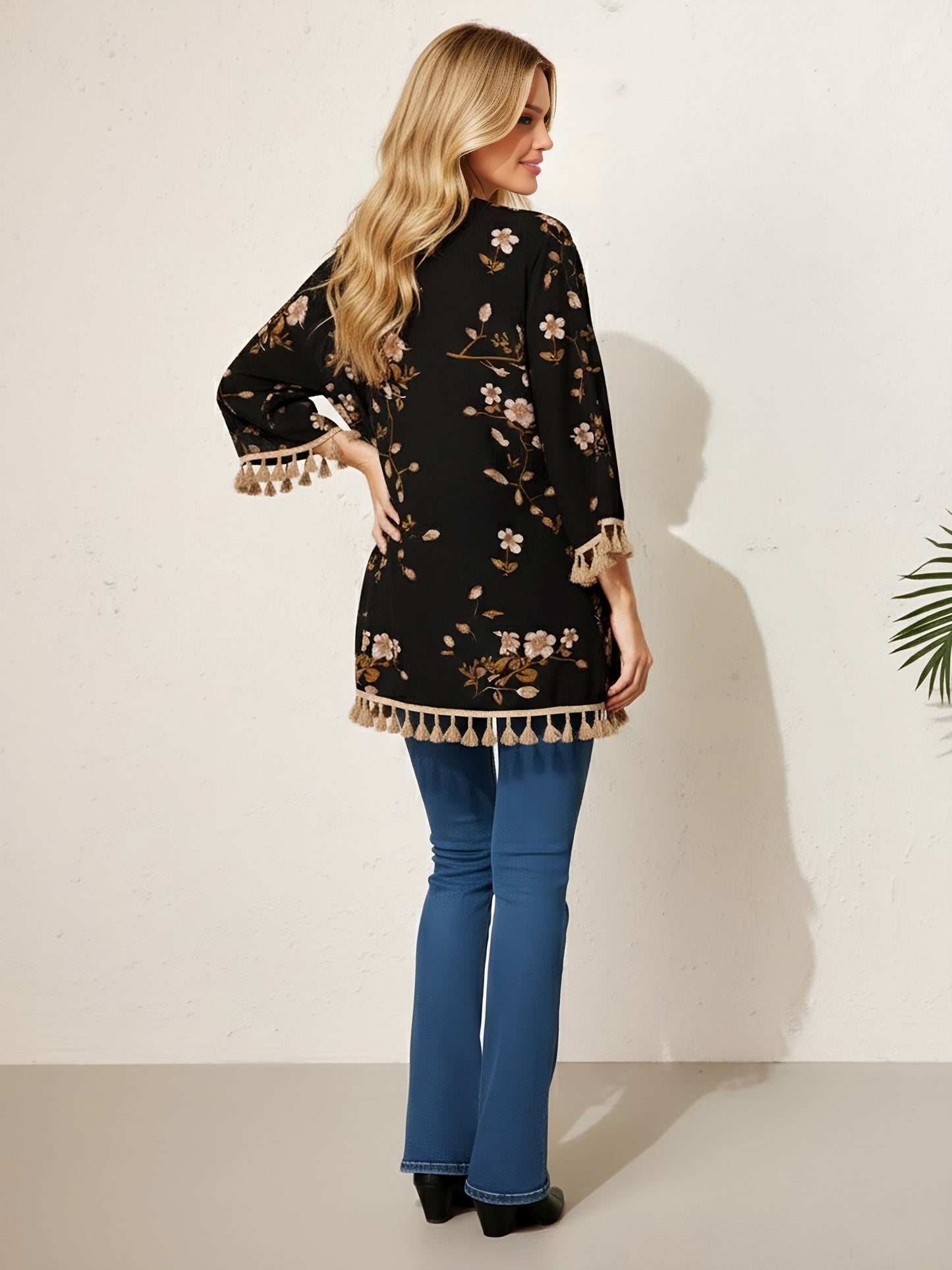 Berrylush Women Black Floral Print Three-Quarter Sleeves Longline Shrug