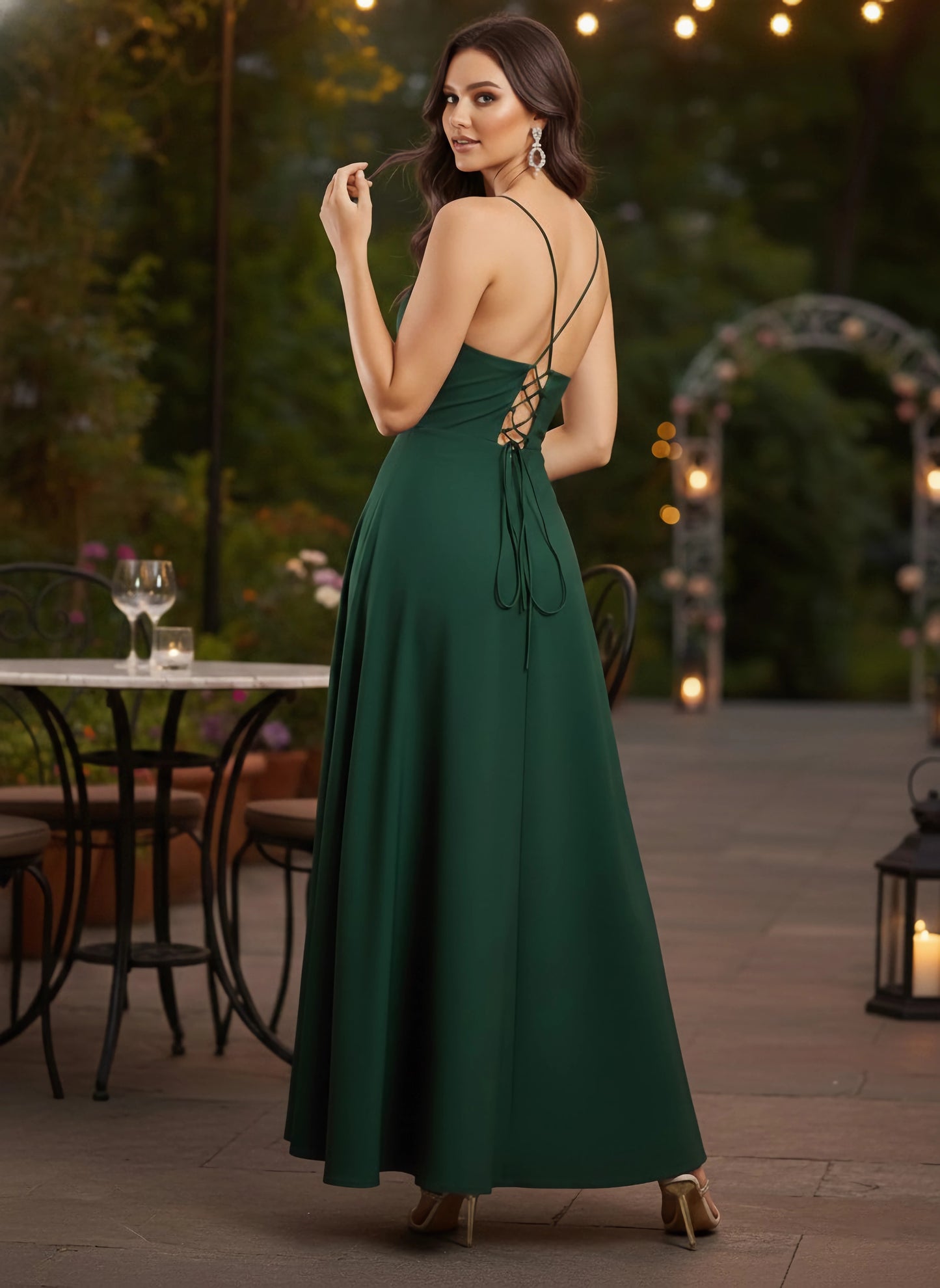 Solid Green Cowl Neck Sleeveless Lace-Up Backless Thigh-High Slit Flared Maxi Dress