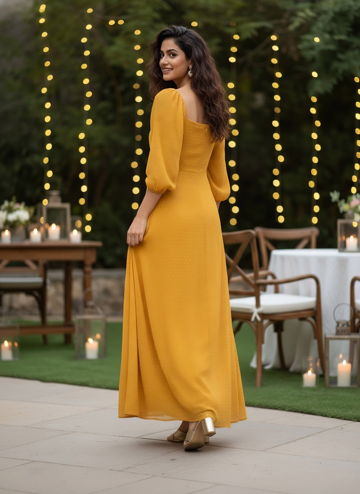 Berrylush Women Mustard Yellow Self-Design Patterned Puff Sleeves Maxi Dress