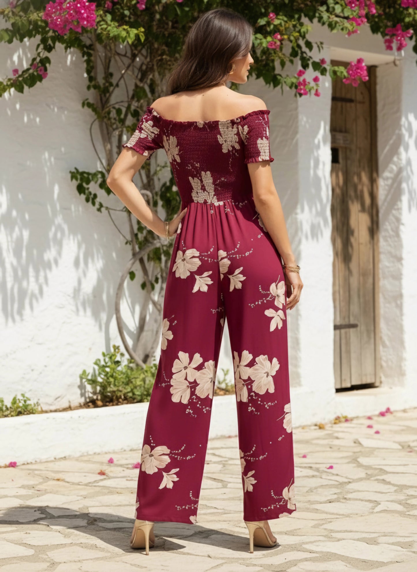 Berrylush Women Maroon & White Floral Printed Off-Shoulder Neck Short Sleeves Wide-Leg Straight Hem Smocked Maxi Jumpsuit