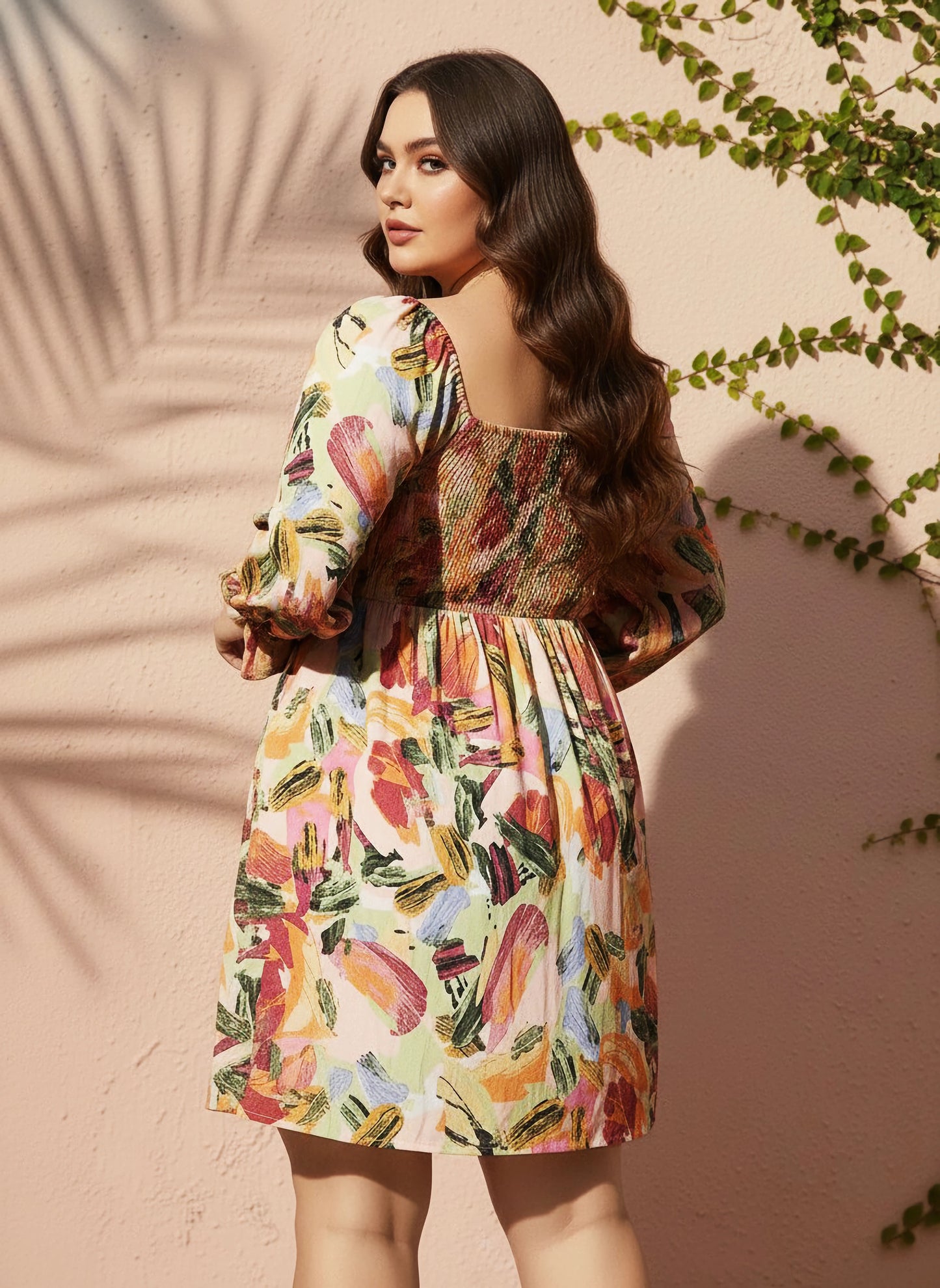 Curve Pink & Multicolour Abstract Printed Square Neck Bishop Sleeves Smocked Fit & Flare Mini Dress