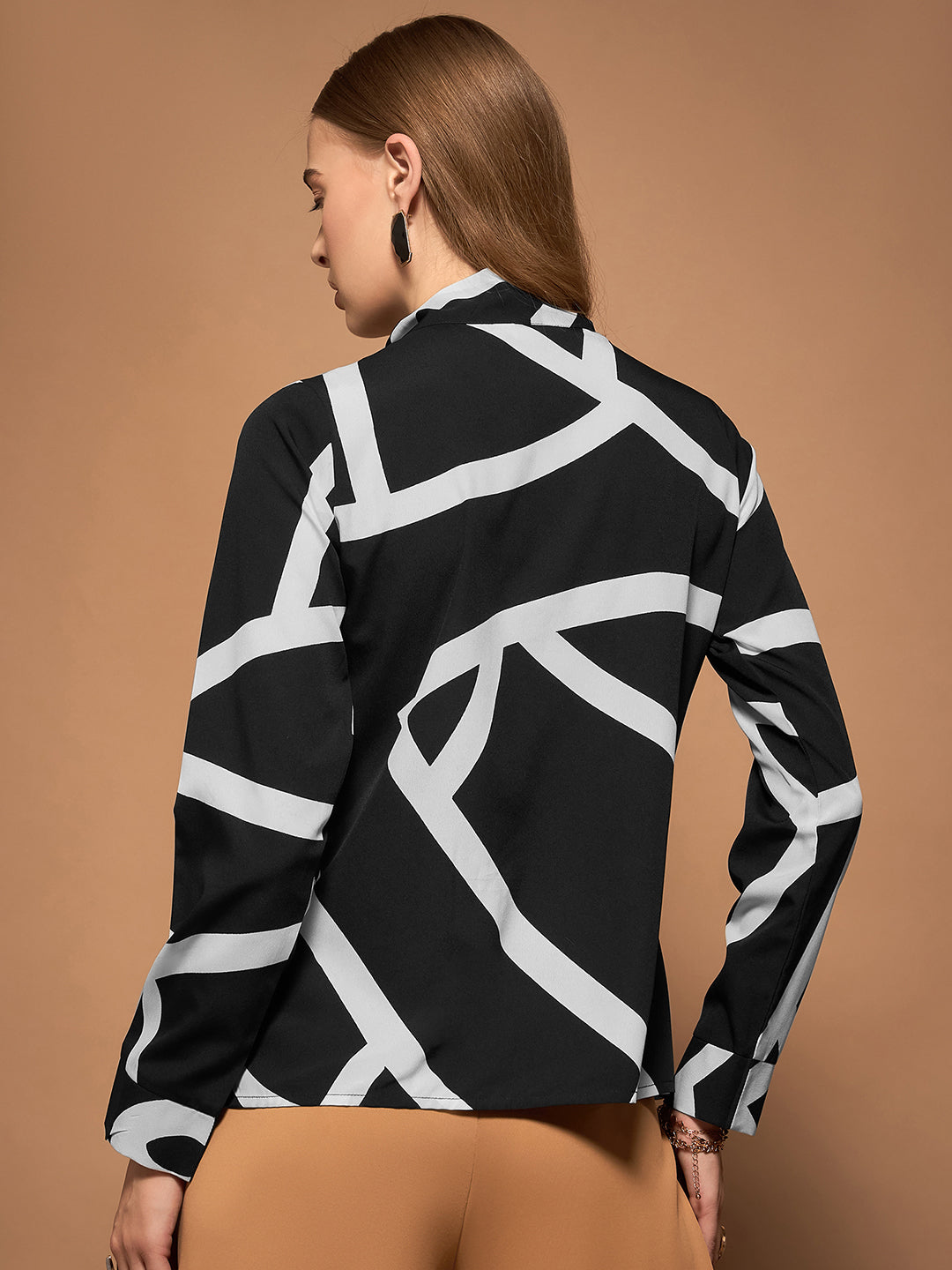 Berrylush BIZwear Women Black & White Geometric Printed Tie-Up Neck Long Sleeves Regular Top