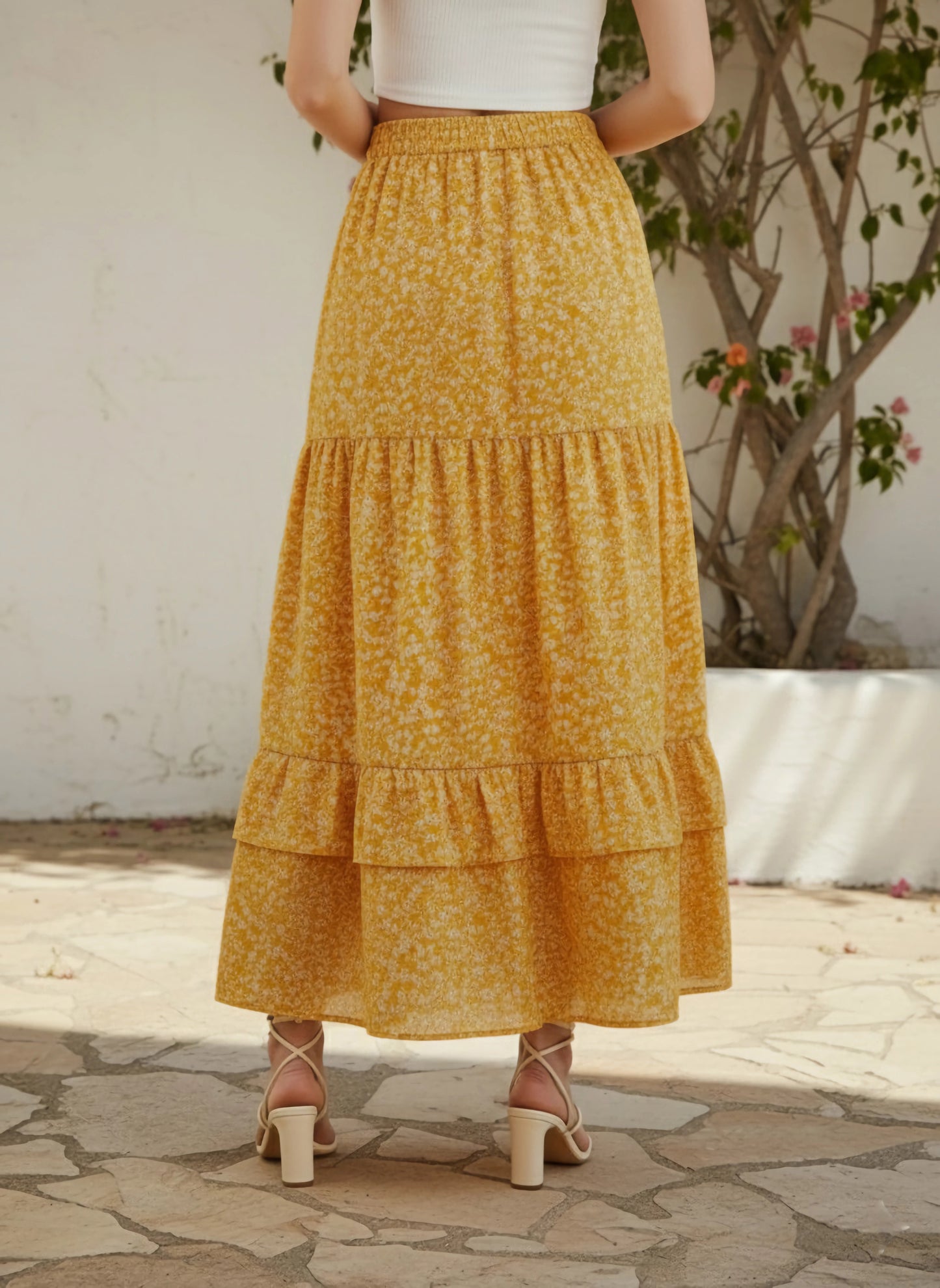 Berrylush Women Yellow & White Floral Printed High-Rise Elastic Waist Tie-Up Pleated A-Line Maxi Skirt