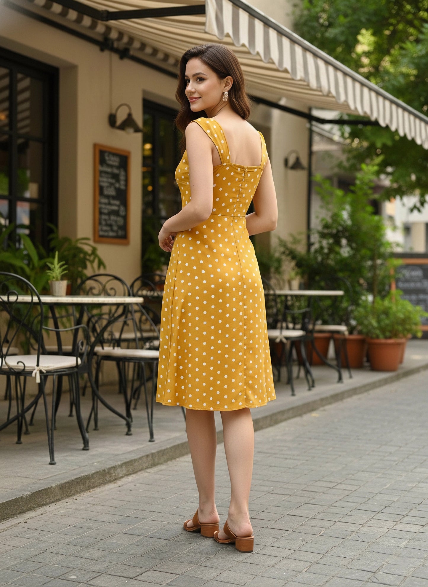 Berrylush Women Yellow Polka Dot Printed Sweetheart Neck Flared A-Line Midi Dress