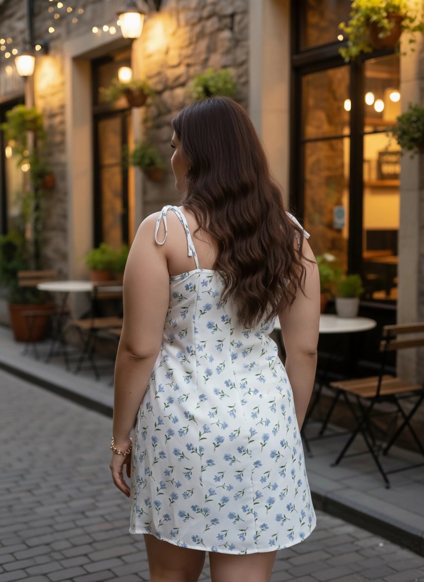 Plus Size White & Blue Floral Printed Square Neck Crepe Side-Slit Pleated A-Line Mini Dress