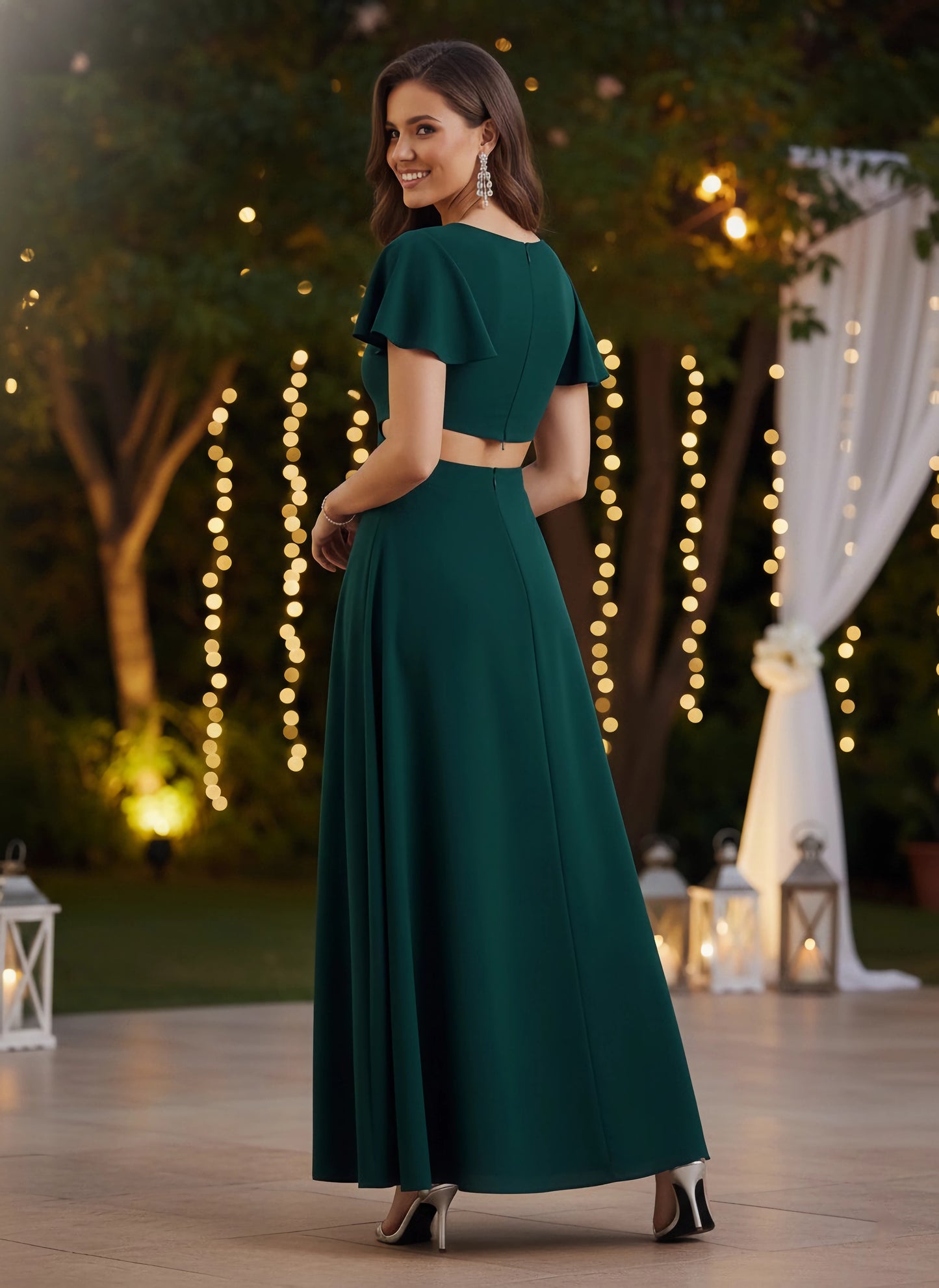 Solid Dark Green Round Neck Cut-Out Crepe Thigh-High Slit Fit & Flare Maxi Dress