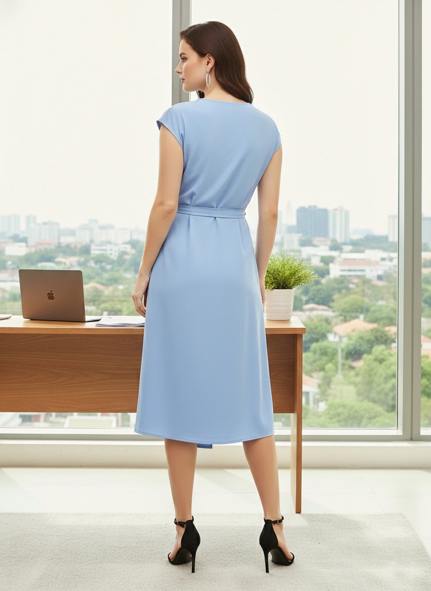 BIZwear Solid Blue V-Neck Sleeveless Waist Tie-Up Front-Slit Straight Hem Wrap Midi Dress