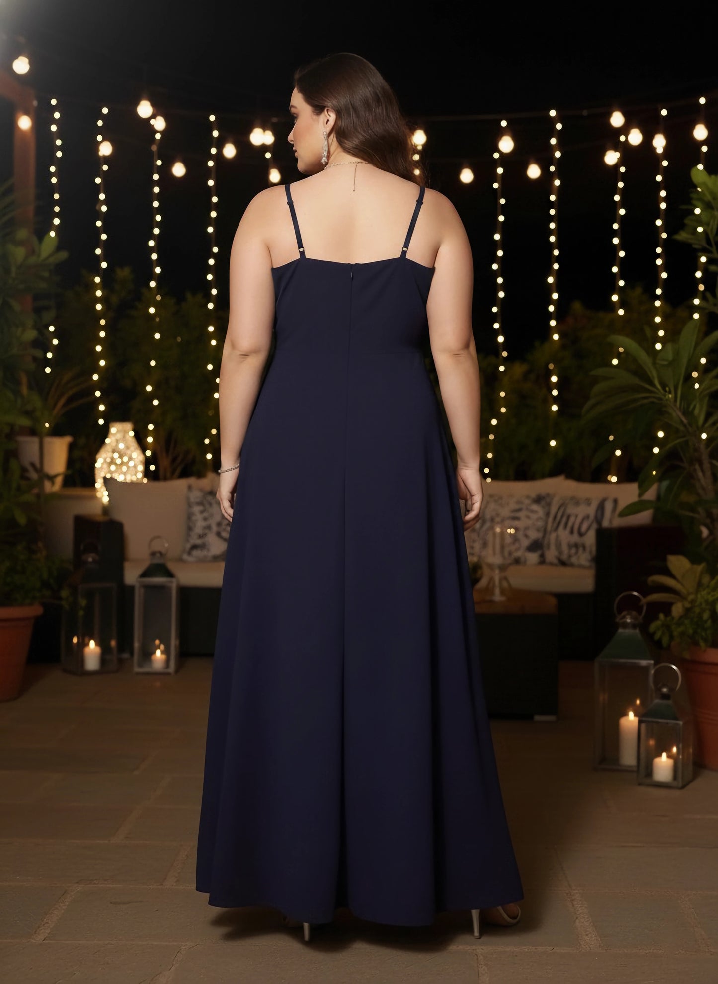 Berrylush Women Plus Size Solid Navy Blue V-Neck Crepe Thigh-High Slit Pleated Wrap Maxi Dress