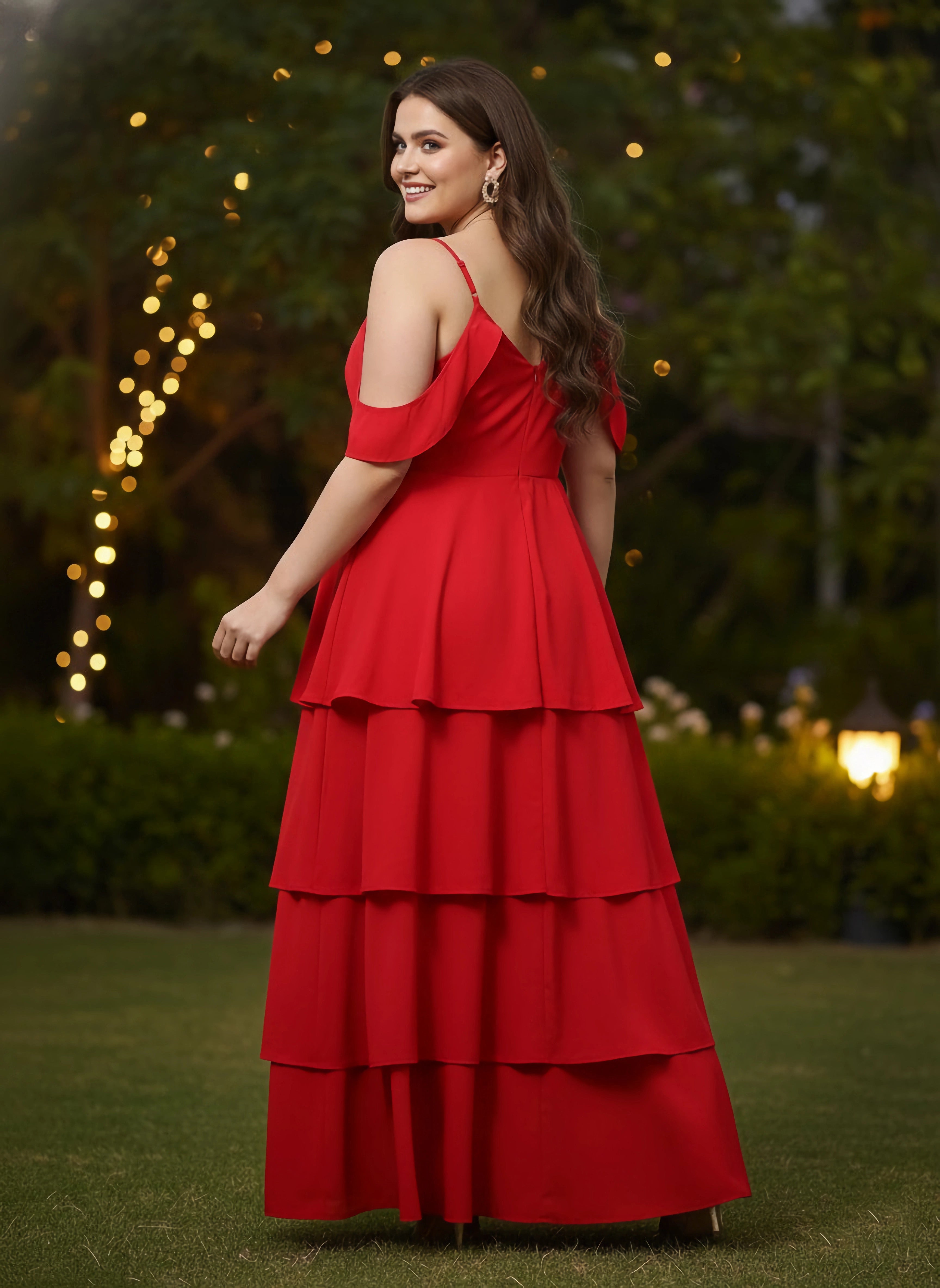Women Plus Size Solid Red V-Neck Cold-Shoulder Sleeves Flounce Hem