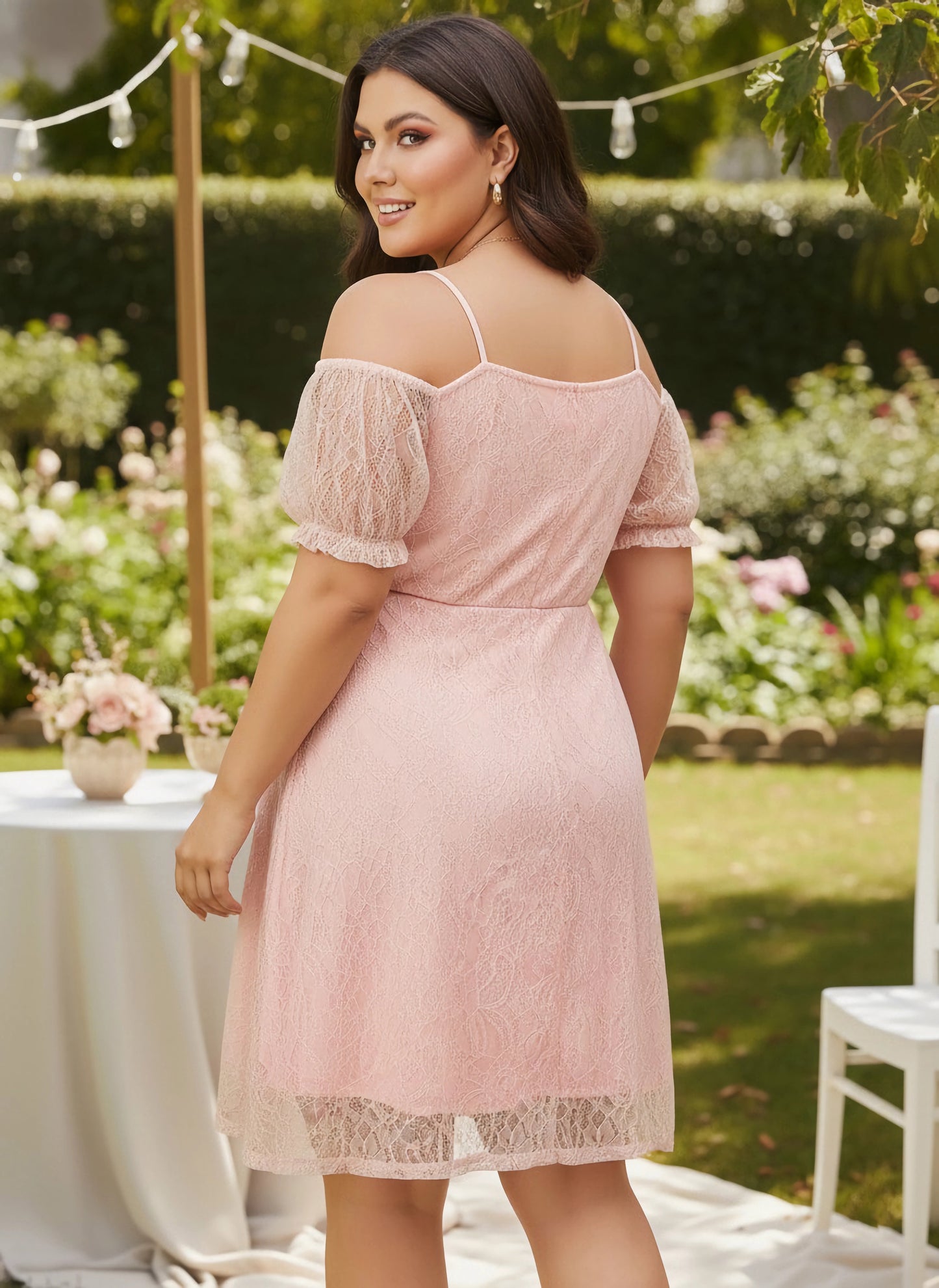 Curve Solid Pink Round Neck Cold-Shoulder Sleeves Lace Knitted Fit & Flare Mini Dress