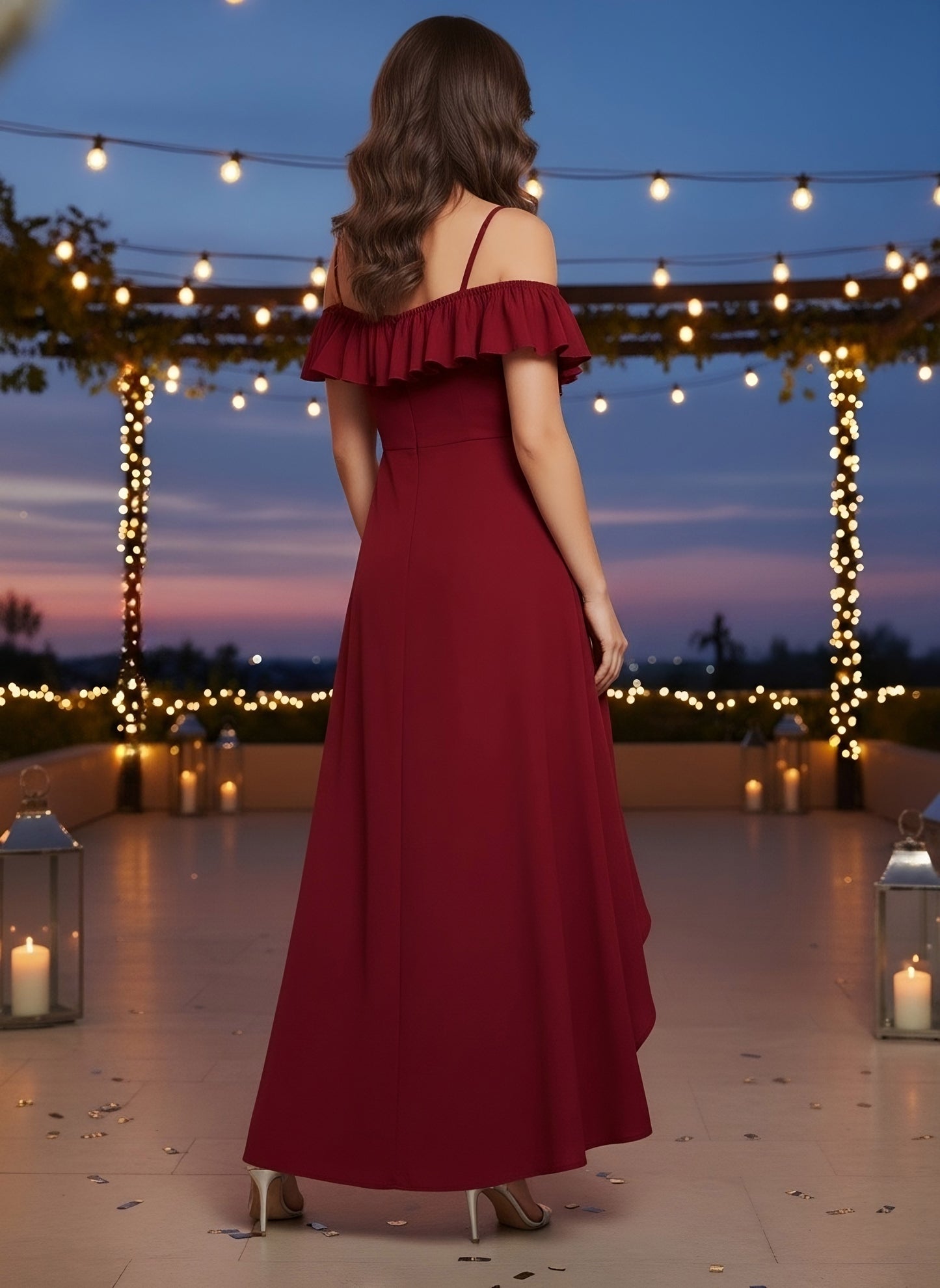 Berrylush Women Solid Red V-Neck Tulip Hem Crepe Ruffled Maxi Dress