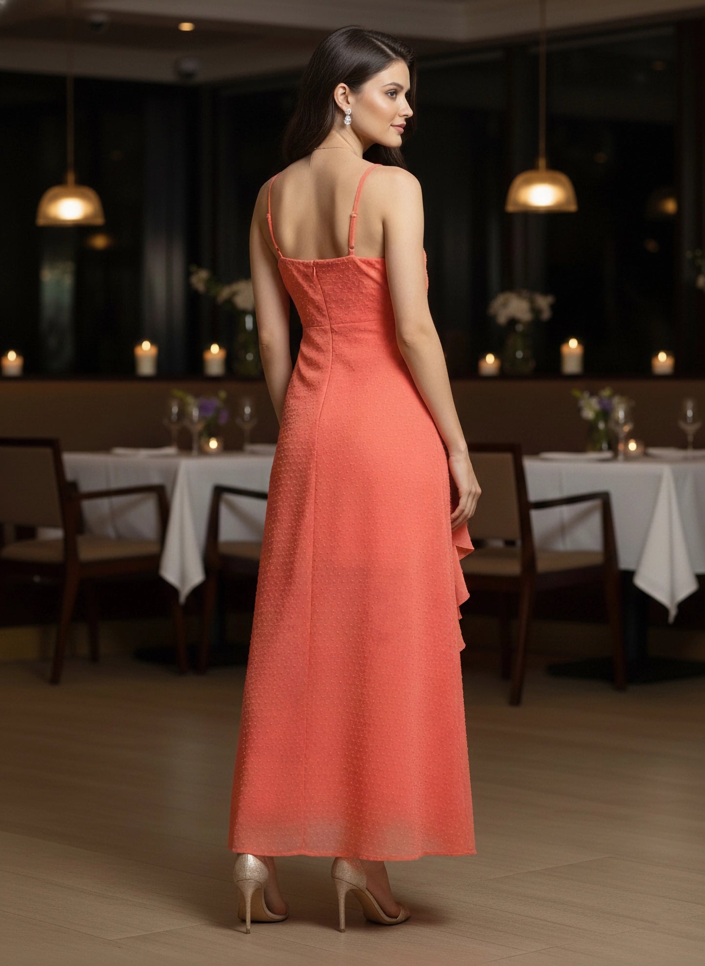 Berrylush Women Peach Self-Design Pattern Crepe A-Line Midi Dress