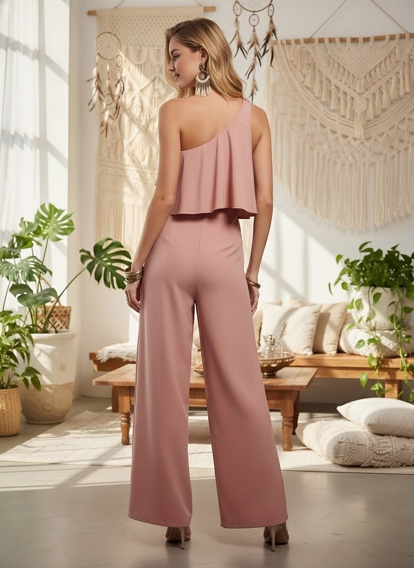 Berrylush Women Solid Light Pink One-Shoulder Neck Sleeveless Ruffled Detail Wide-Leg Layered Maxi Jumpsuit
