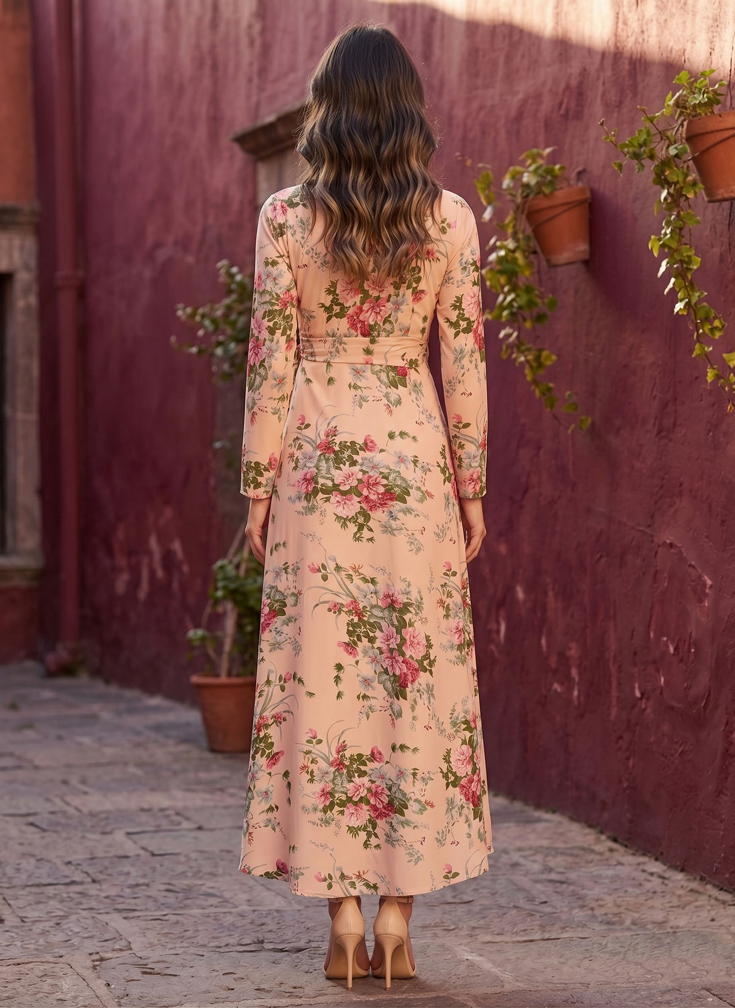 Berrylush Women Beige Floral Printed V-Neck Wrap Style Maxi Dress
