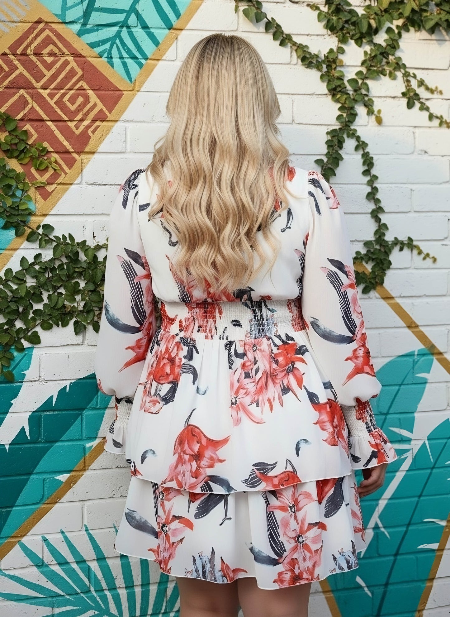 Berrylush Women Plus Size White & Peach Floral Printed V-Neck Smocked A-Line Mini Dress