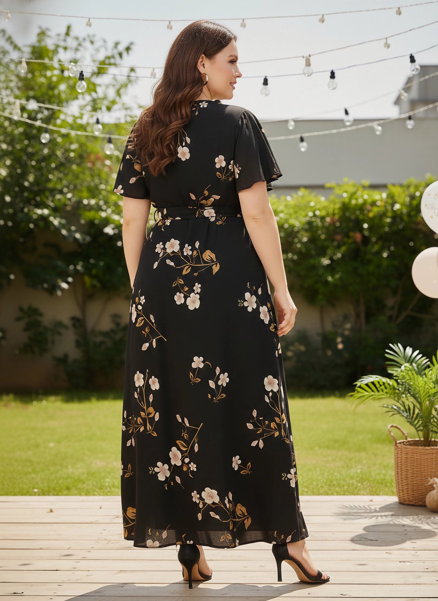 Plus Size Black & White Floral Printed V-Neck Tie-Up Flutter Sleeve Thigh-High Slit Flared Wrap Maxi Dress