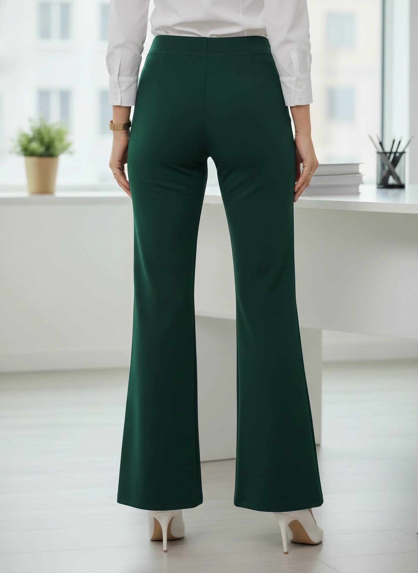 Berrylush BIZwear Women Solid Green High-Rise Waist Flat-Front Pleat Slip-On Wide-Leg Knitted Regular Trousers