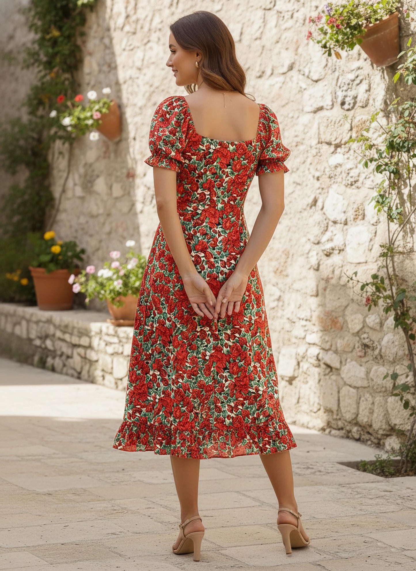 Berrylush Women Red & Green Floral Printed Crepe A-Line Midi Dress