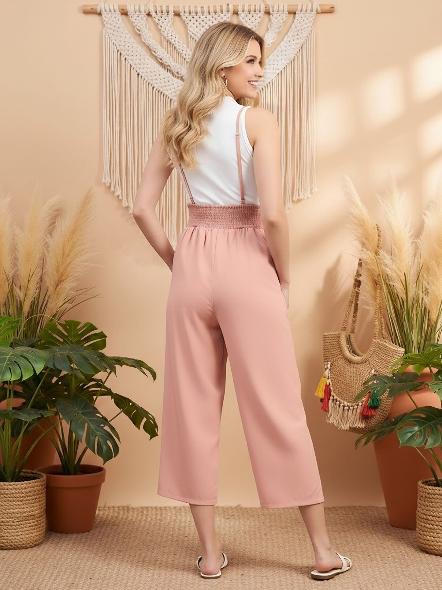 Berrylush Women Solid Light Pink Adjustable Shoulder Straps Sleeveless Tie-Up Waist Back Smocked Midi Capri Jumpsuit