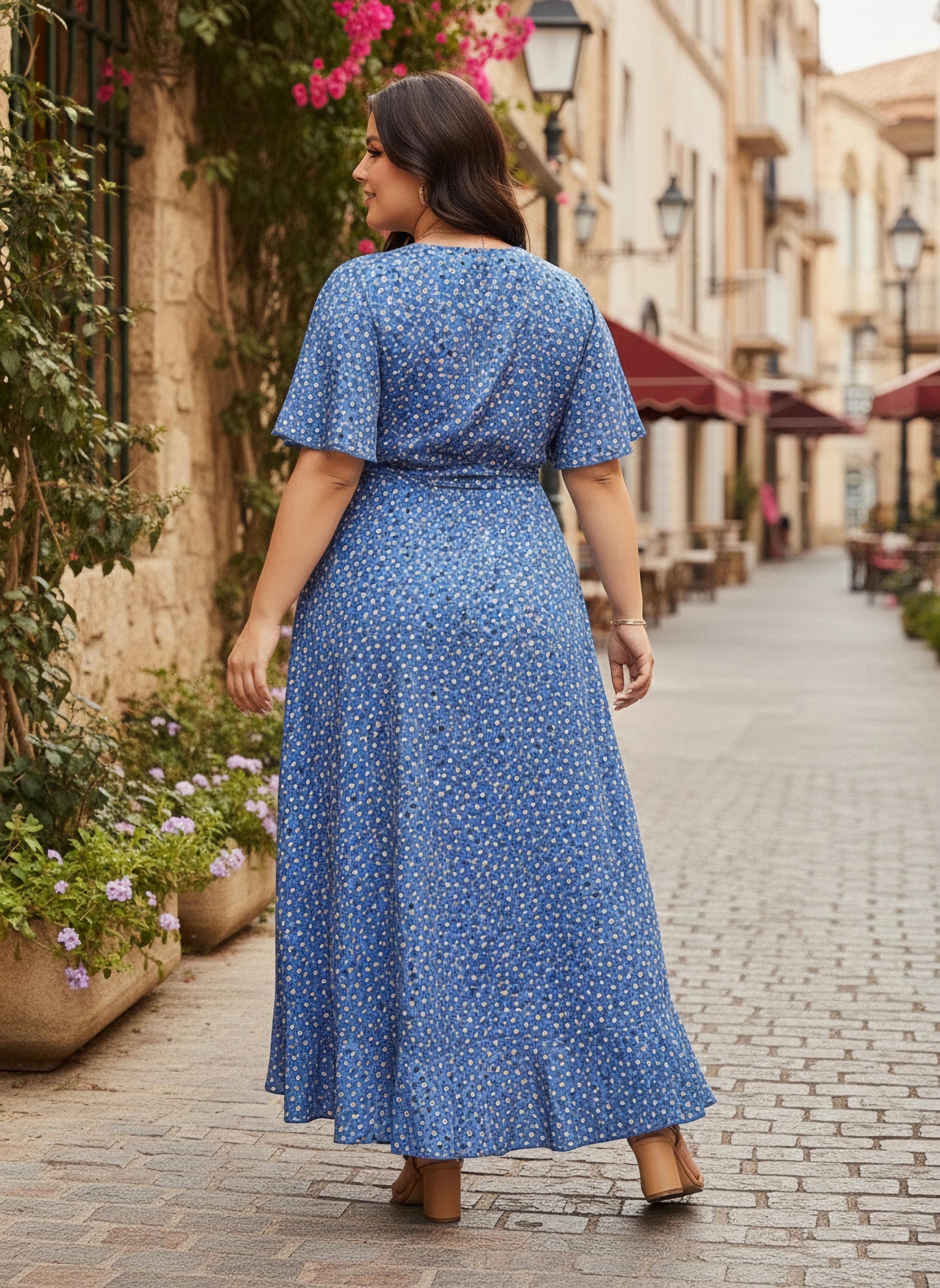 Curve Blue & Yellow Floral Printed V-Neck Waist Tie-Up Crepe Flounce Hem Wrap Maxi Dress