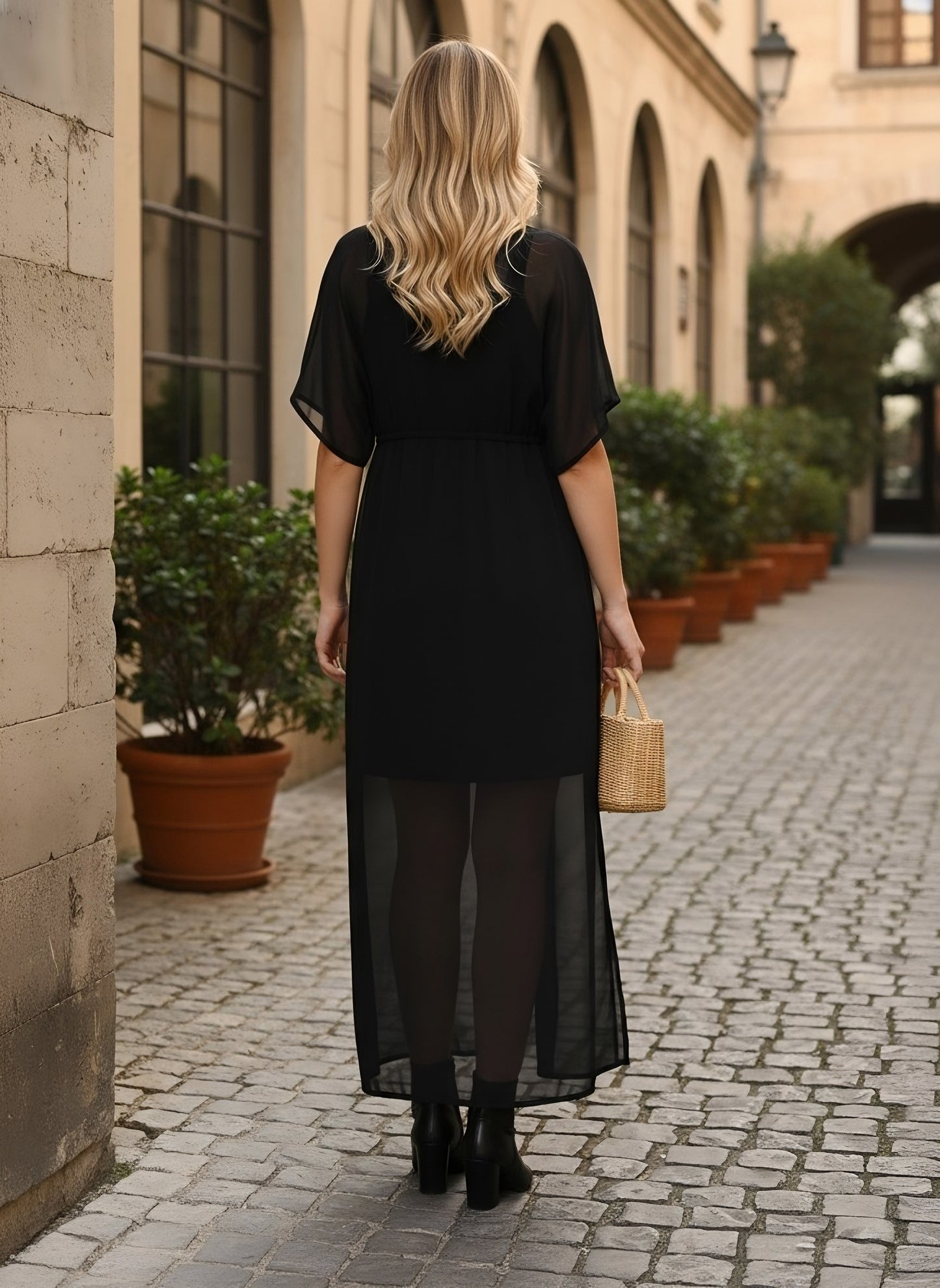 Berrylush Women Solid Black Waist Tie-Up Sheer Gathered Longline Shrug