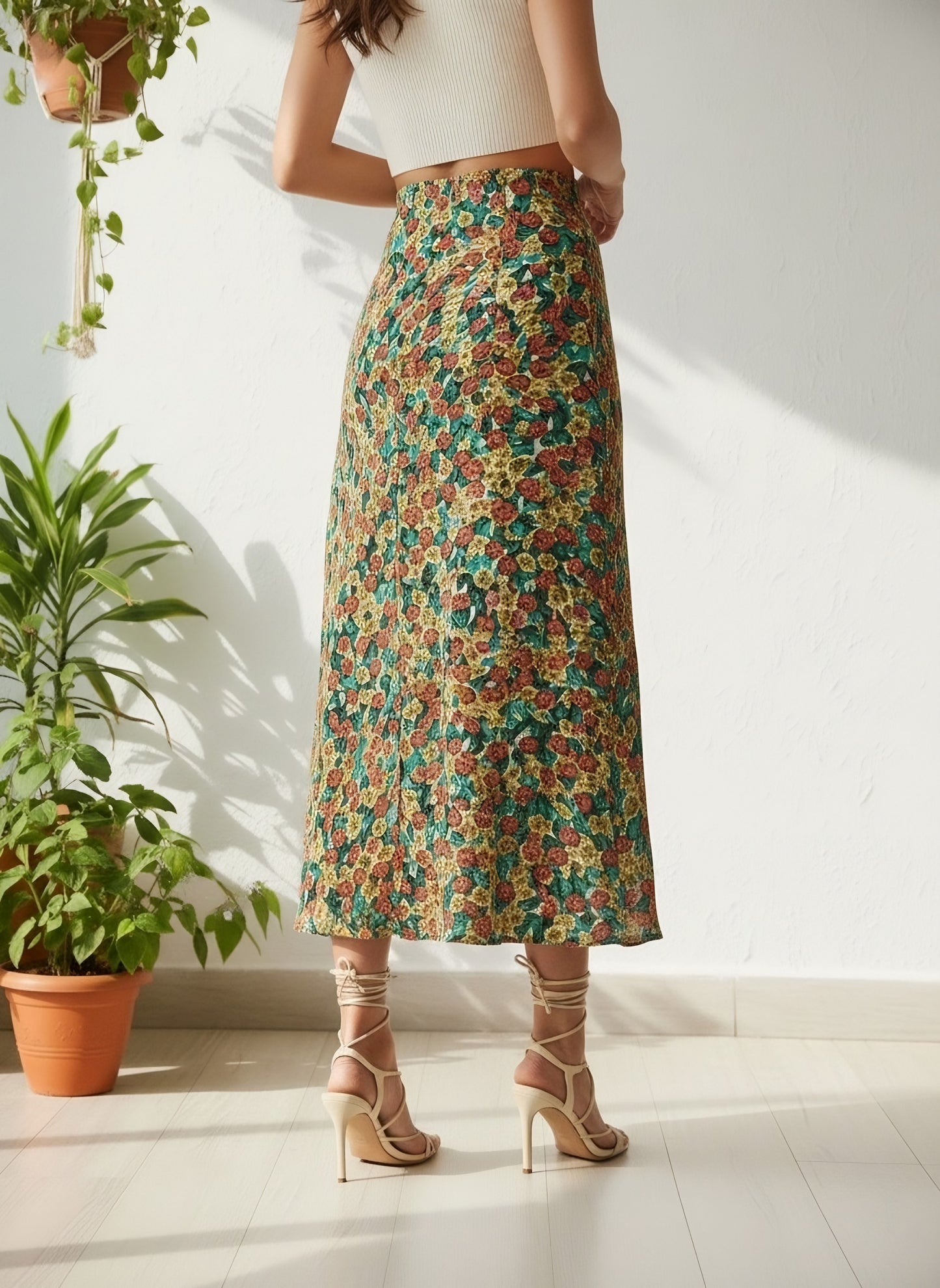 Berrylush Women Green & Red Floral Printed Thigh-High Slit Flared A-Line Midi Skirt
