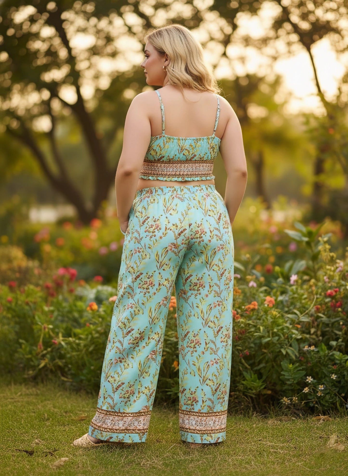 Berrylush Curve Women Green Floral Printed Square Neck Sleeveless Smocked Crop Top & Elastic Waist Two-Pockets Slip-On Maxi Trousers Co-Ord Set