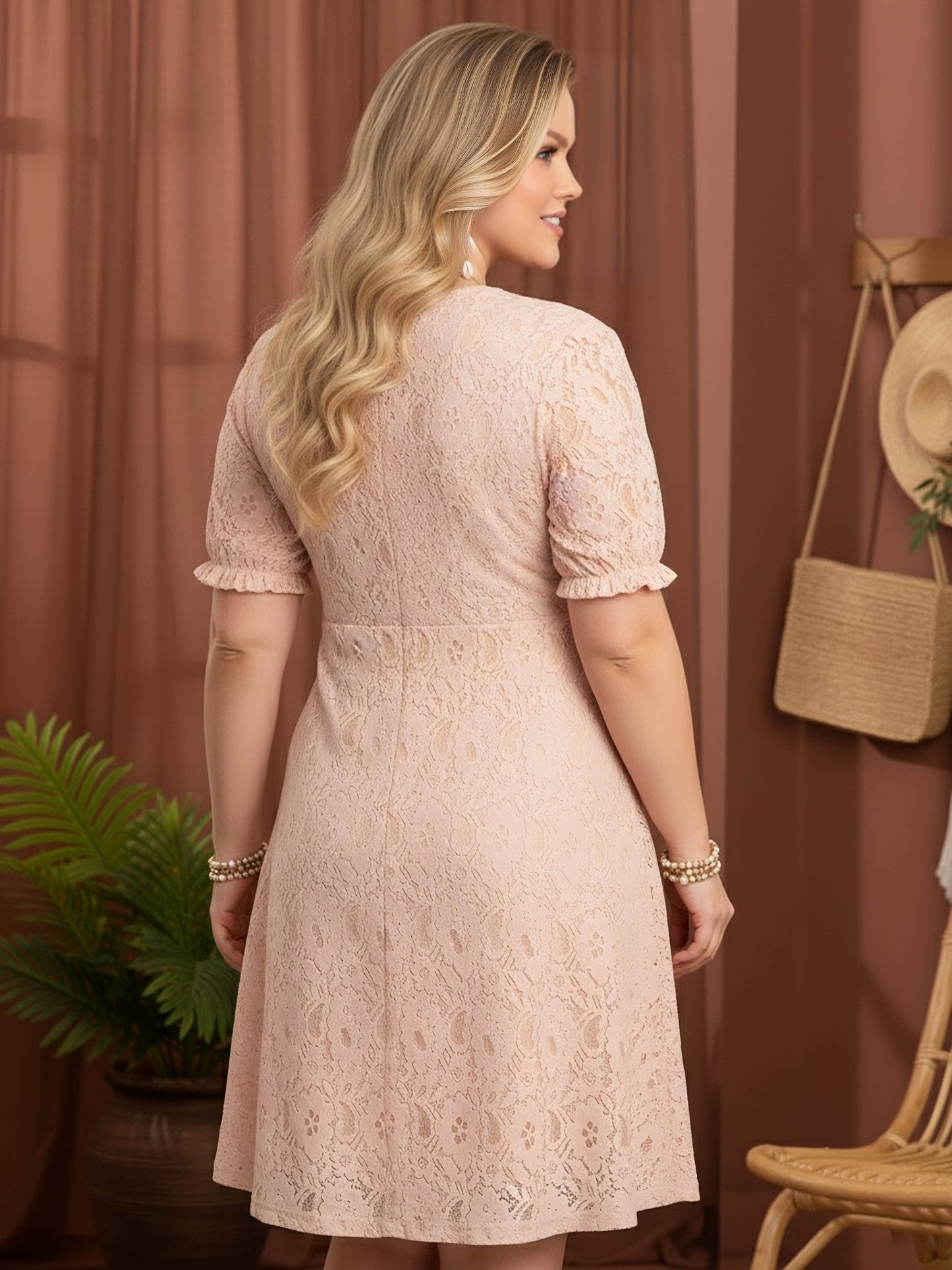 Berrylush Curve Women Pink Surplice Neck Puff Sleeve Lace Dress