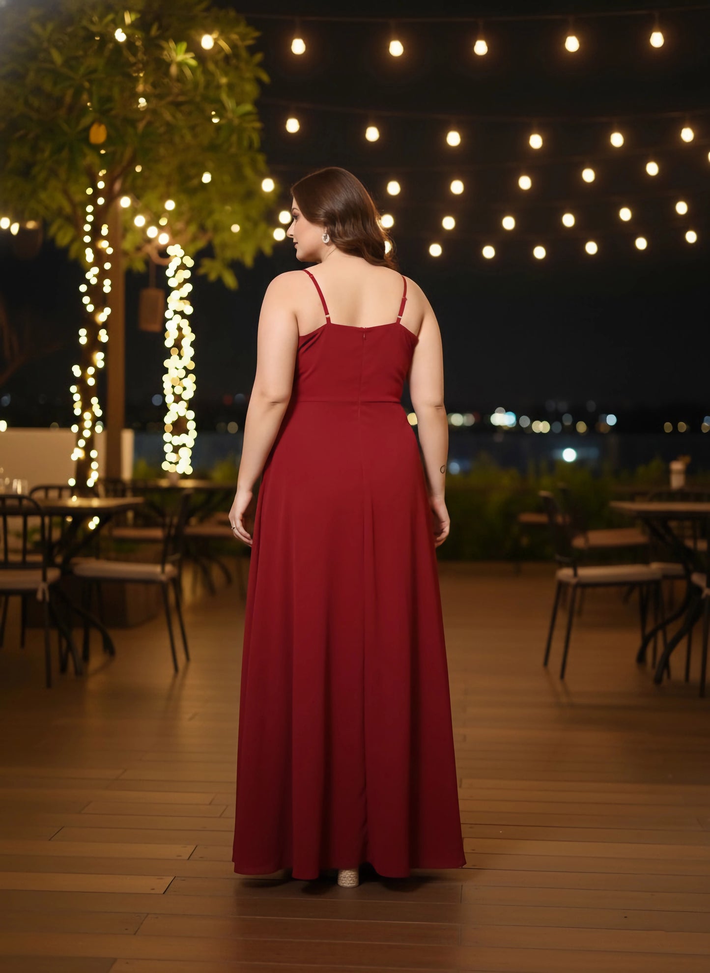 Berrylush Women Plus Size Solid Red V-Neck Sleeveless Crepe Thigh-High Slit Fit & Flare Maxi Dress