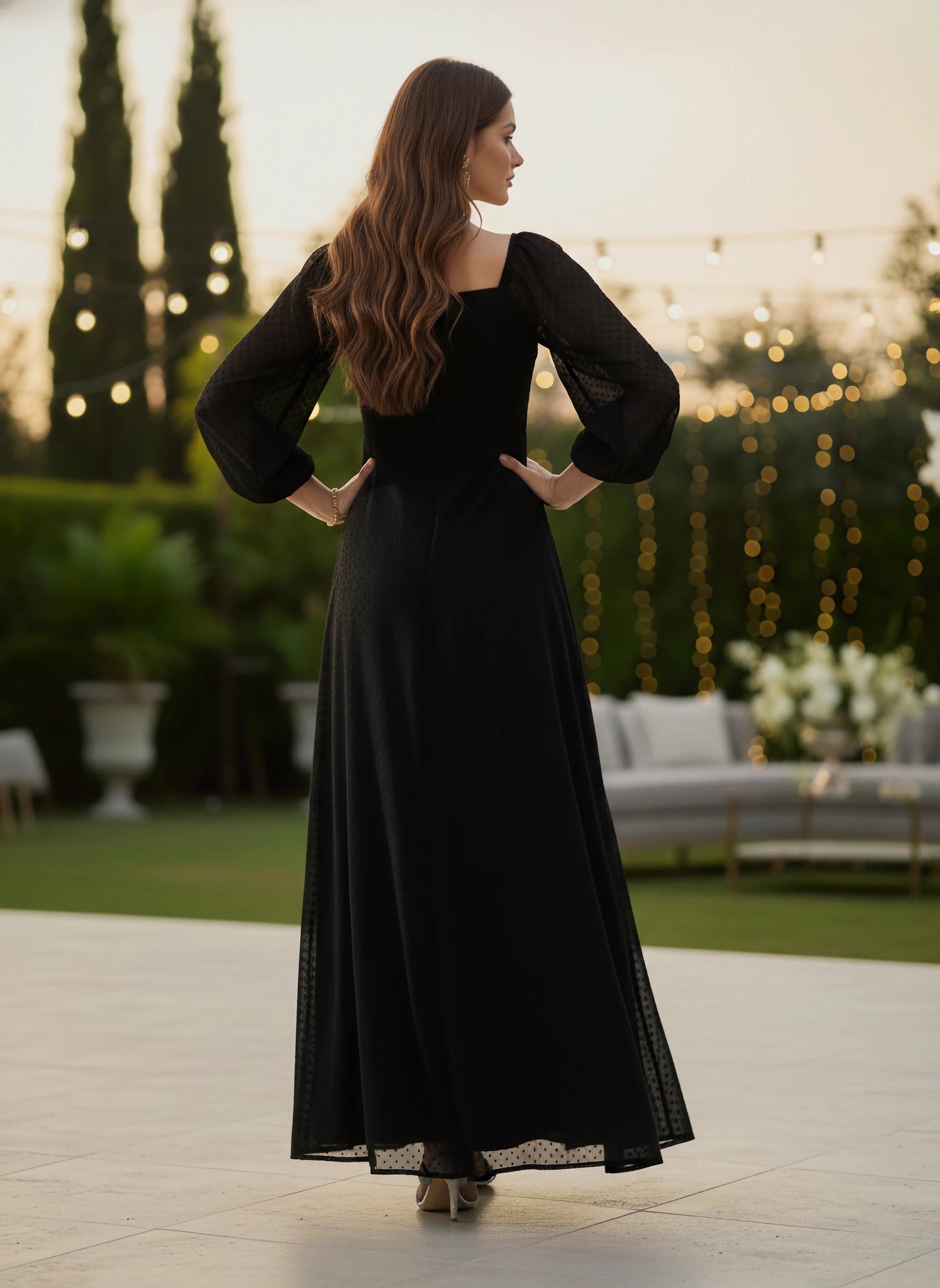 Solid Black Dobby Weave Square Neck Puff Sleeves Thigh-High Slit Flared Maxi Dress