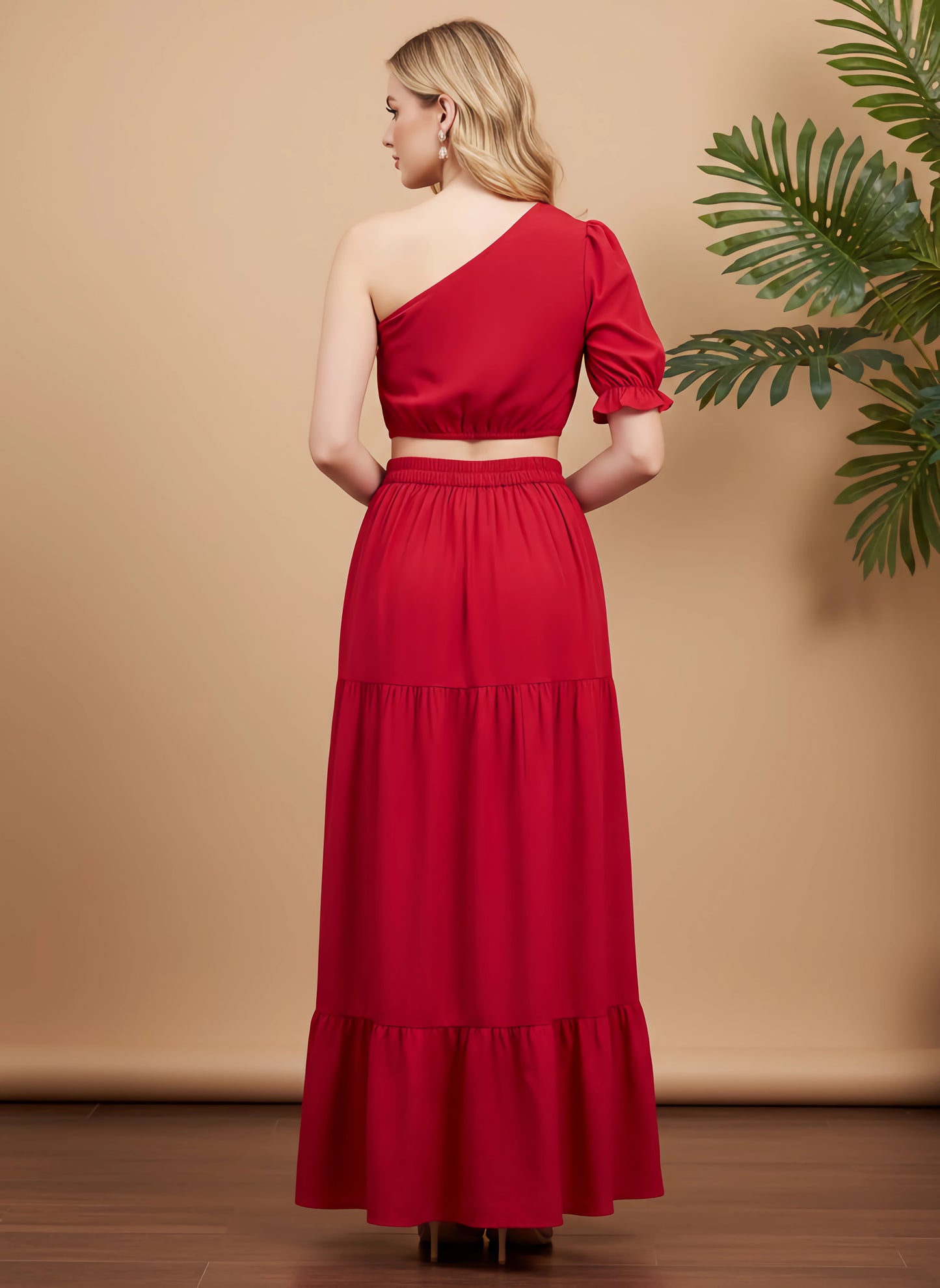 Berrylush Women Solid Red One-Shoulder Neck Puff Sleeves Cropped Top & High-Rise Waist Thigh-High Slit Pleated Maxi Skirt Co-Ord Set