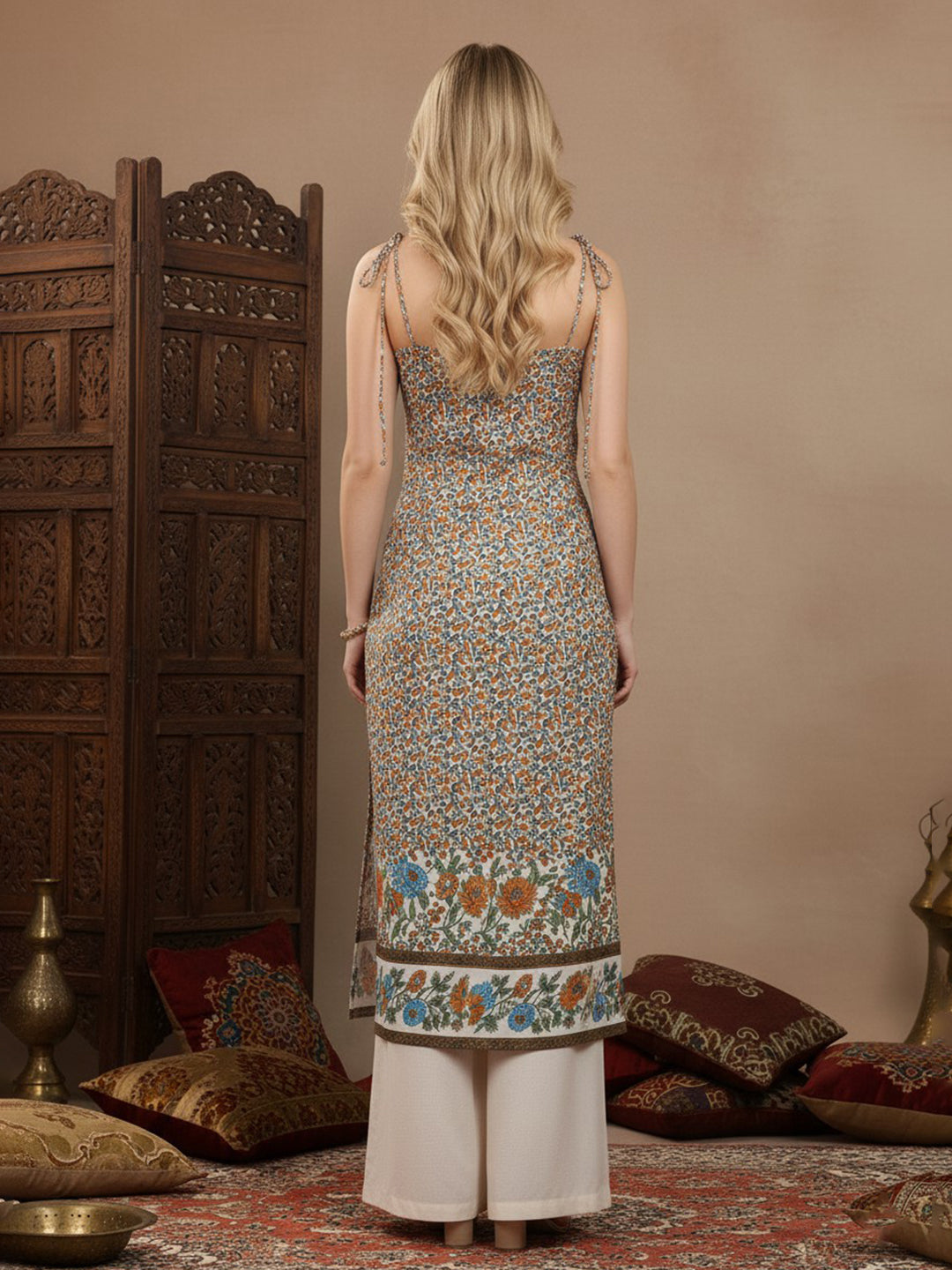 Berrylush Women White & Blue Floral Printed Sweetheart Neck Tie-Up Strap Straight Midi Kurta