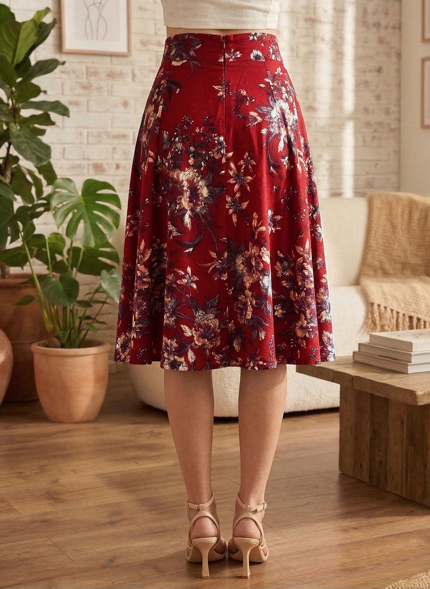 Berrylush Women Maroon & White Floral Printed Crepe High-Rise Waist Flared A-Line Midi Skirt