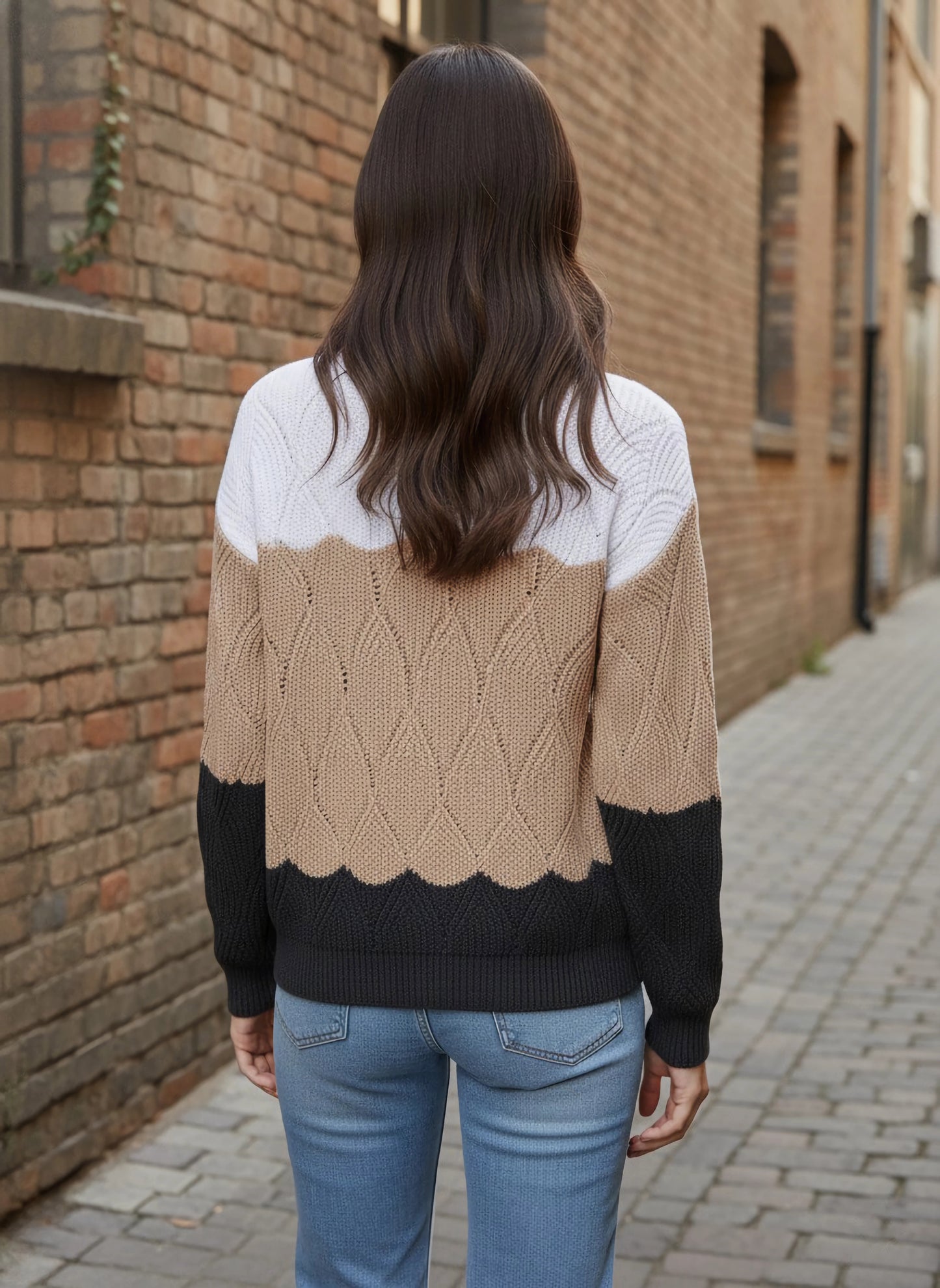 Berrylush Women White, Beige, & Black Colourblocked Pattern Boat Neck Drop-Shoulder Sleeves Ribbed Hem Regular Sweater