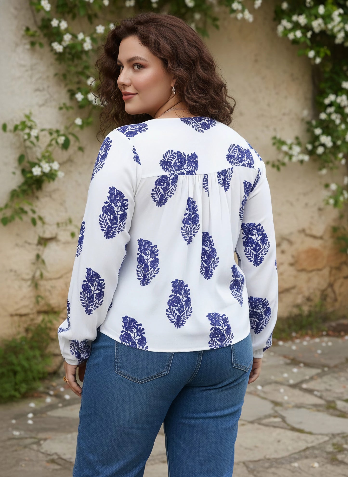 Berrylush Women Plus Size White & Blue Paisley Printed V-Neck Front Tie-Up Semi-Sheer Regular Blouson Top