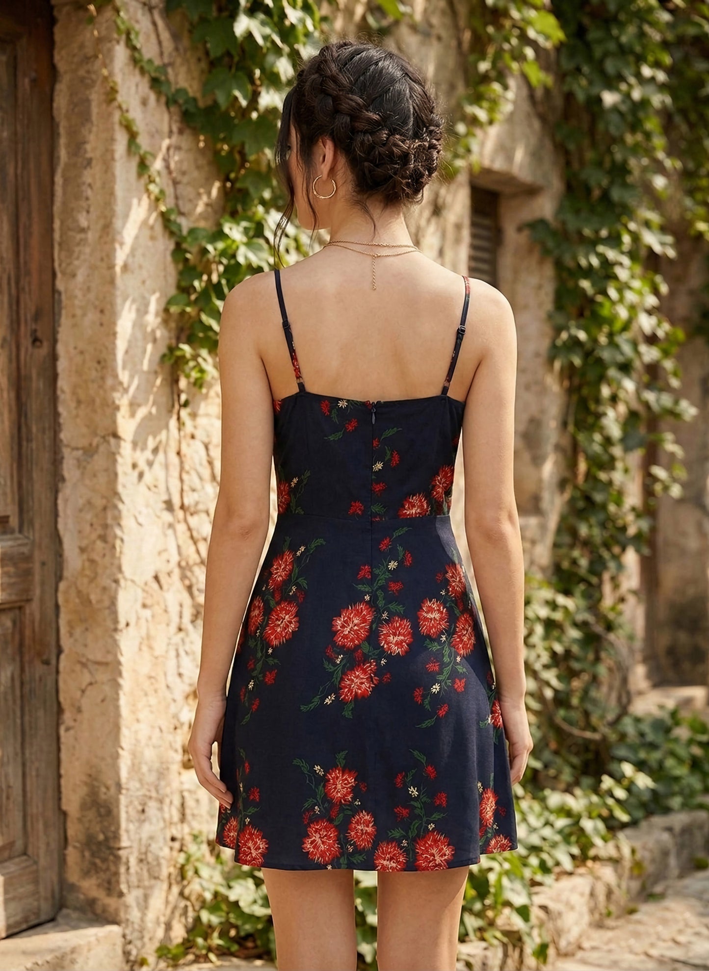 Berrylush Women Navy Blue & Red Floral Printed Square Neck Crepe Flared A-Line Mini Dress