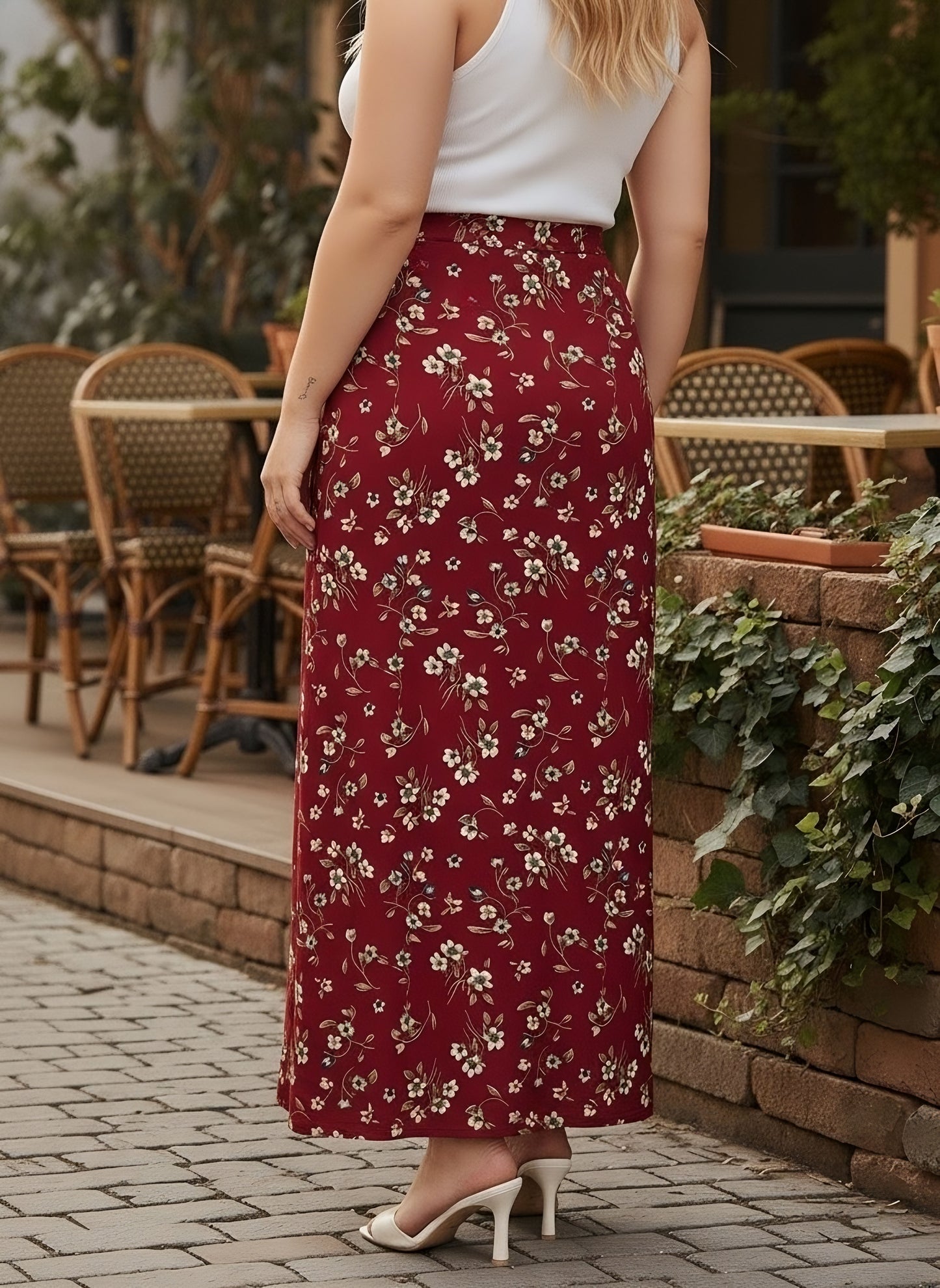Berrylush Curve Women Red  Floral Print High Rise Side slit Maxi Skirt